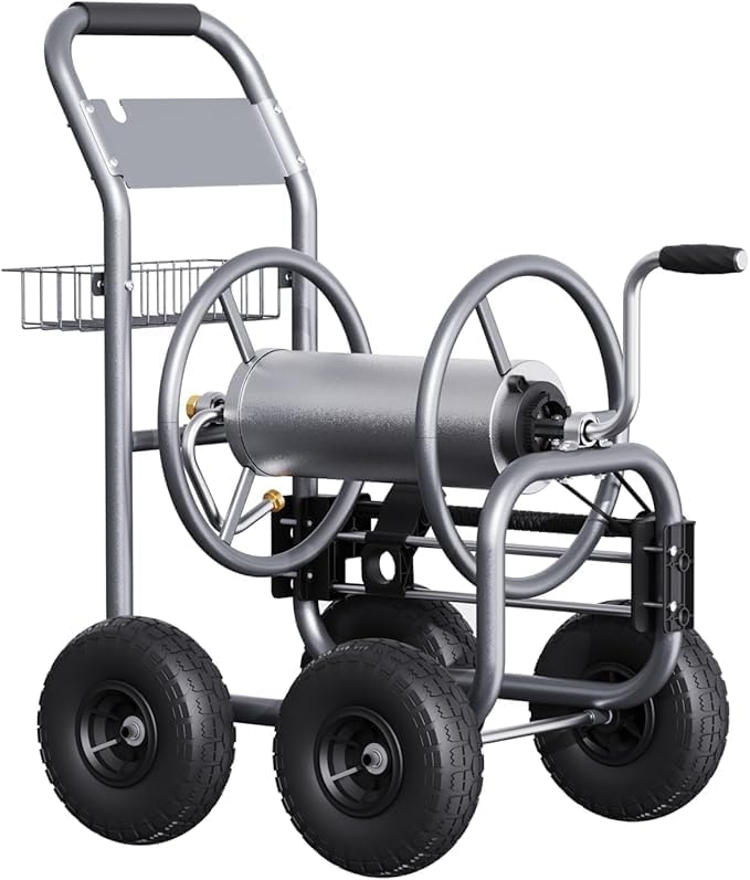 Giraffe Tools Heavy Duty Garden Hose Reel Cart with Wheels - Industrial Outdoor Hose Storage Reel  Pre-Installed Guide for 250-Feet of 5/8