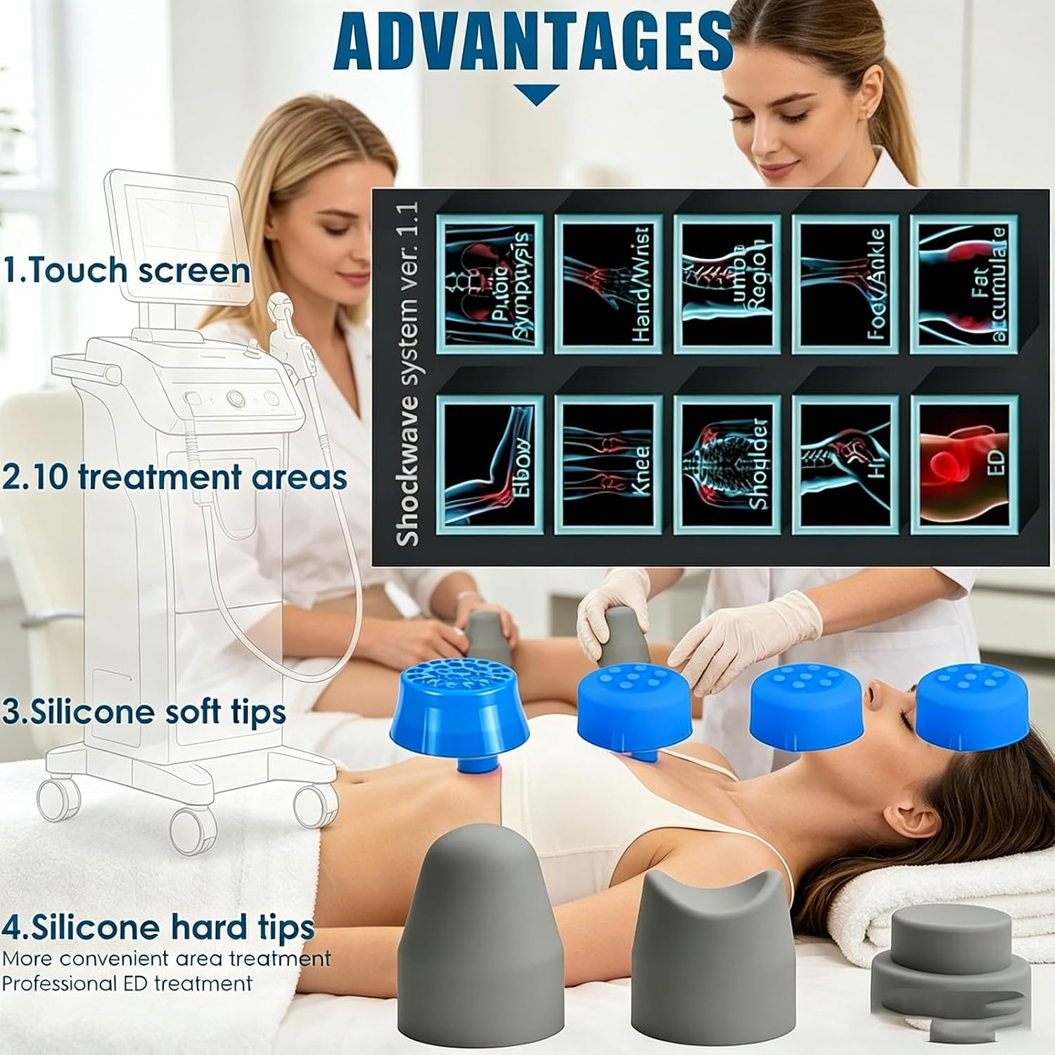 Dispositivo Terapia Onde D'urto Focalizzate, terapia ad onde d'urto extracorporee con 7 testine massaggianti, energia Regolabile 60~200MJ, Fisioterapia Profonda/Addio Sub-Salute