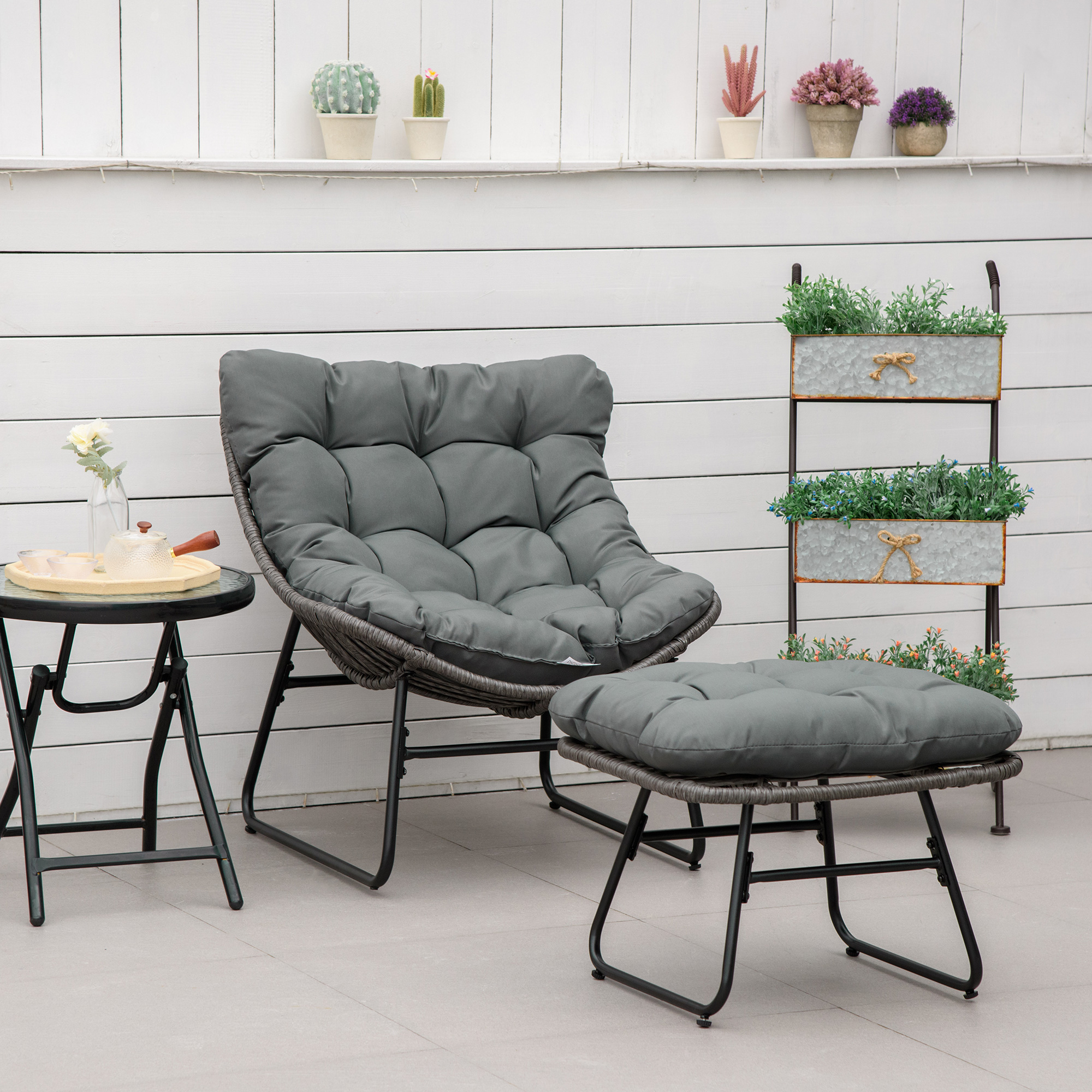 Outsunny Rattan Relaxsessel mit Fußhocker, Gartensessel mit dicke Kissen Outdoor Rattanstuhl Gartenstuhl für Garten, Balkon, Terrasse Grau