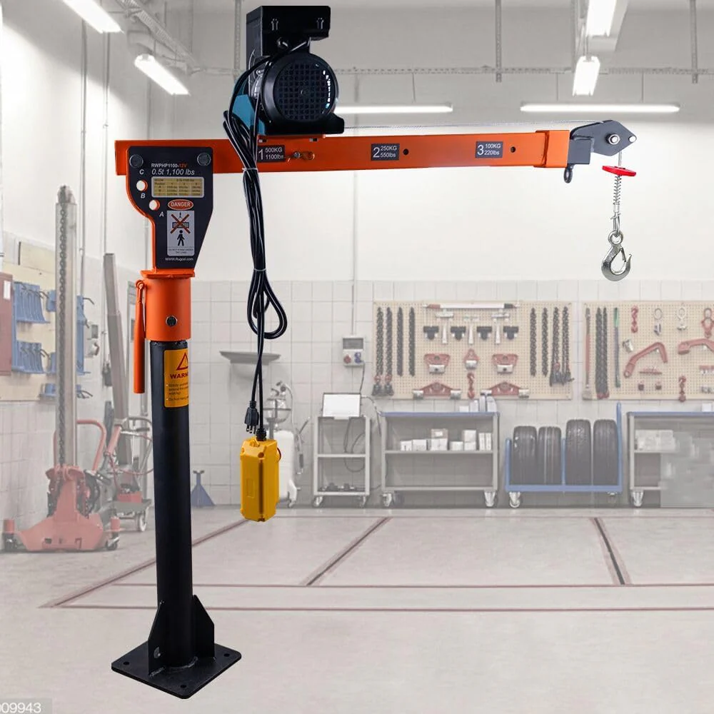 1100lb Folding Dismountable Household Hoist Truck Crane with Electric Hoist (110V) – 880lb Pulling Force, Jib Cranes for Factory, Warehouse, Construction