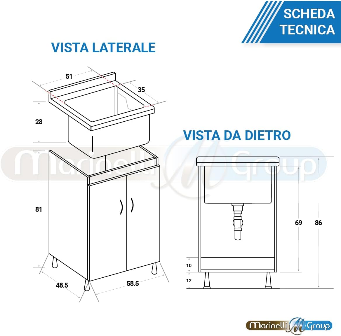 MarinelliGroup MOBILE lavatoio bianco con vasca in CERAMICA 63 X 51 X 86 con foro troppo pieno Dyma