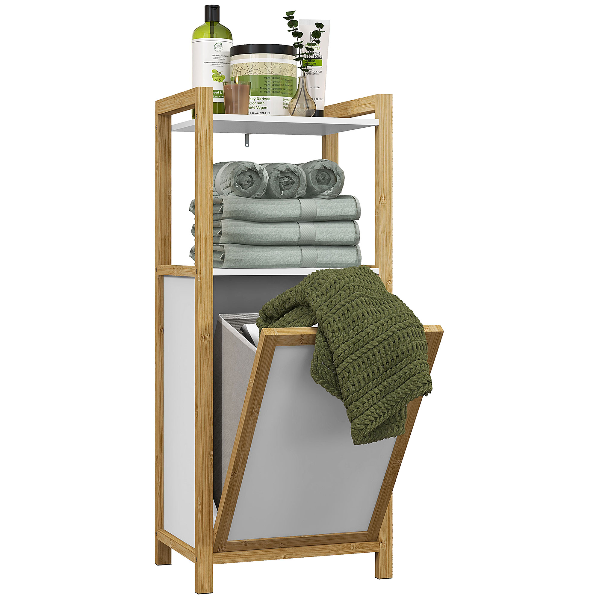 HOMCOM Badezimmerschrank aus Bambus mit Wäschekorb Bodenschrank Badezimmer Platzsparend - 2 Regale - Abmessungen 40L x 30B x 86,5H cm