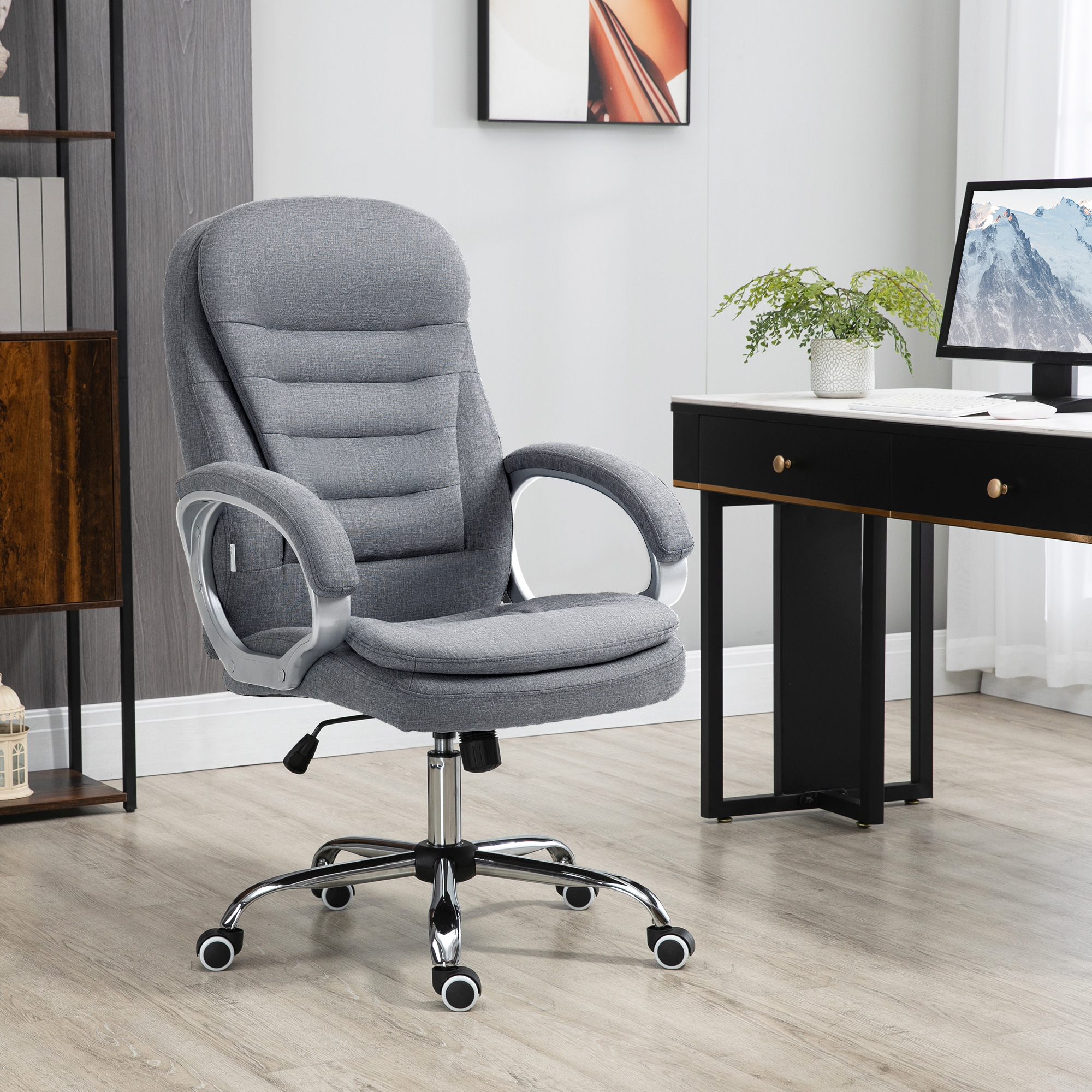 Vinsetto Bürostuhl Arbeitsstuhl Schreibtischstuhl Drehstuhl 360° Ergonomisch Wippfunktion Höhenverstellbar Grau Leinen 64 x 75 x 111-121 cm
