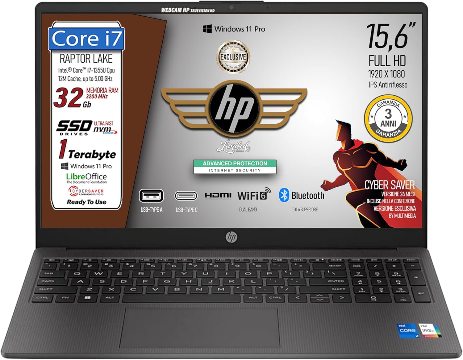 250 G10, PC Portatile CPU Core i7-1355U 13th 10 Core, fino a 5GHz, RAM 32GB, SSD 1Tb, Display 15.6