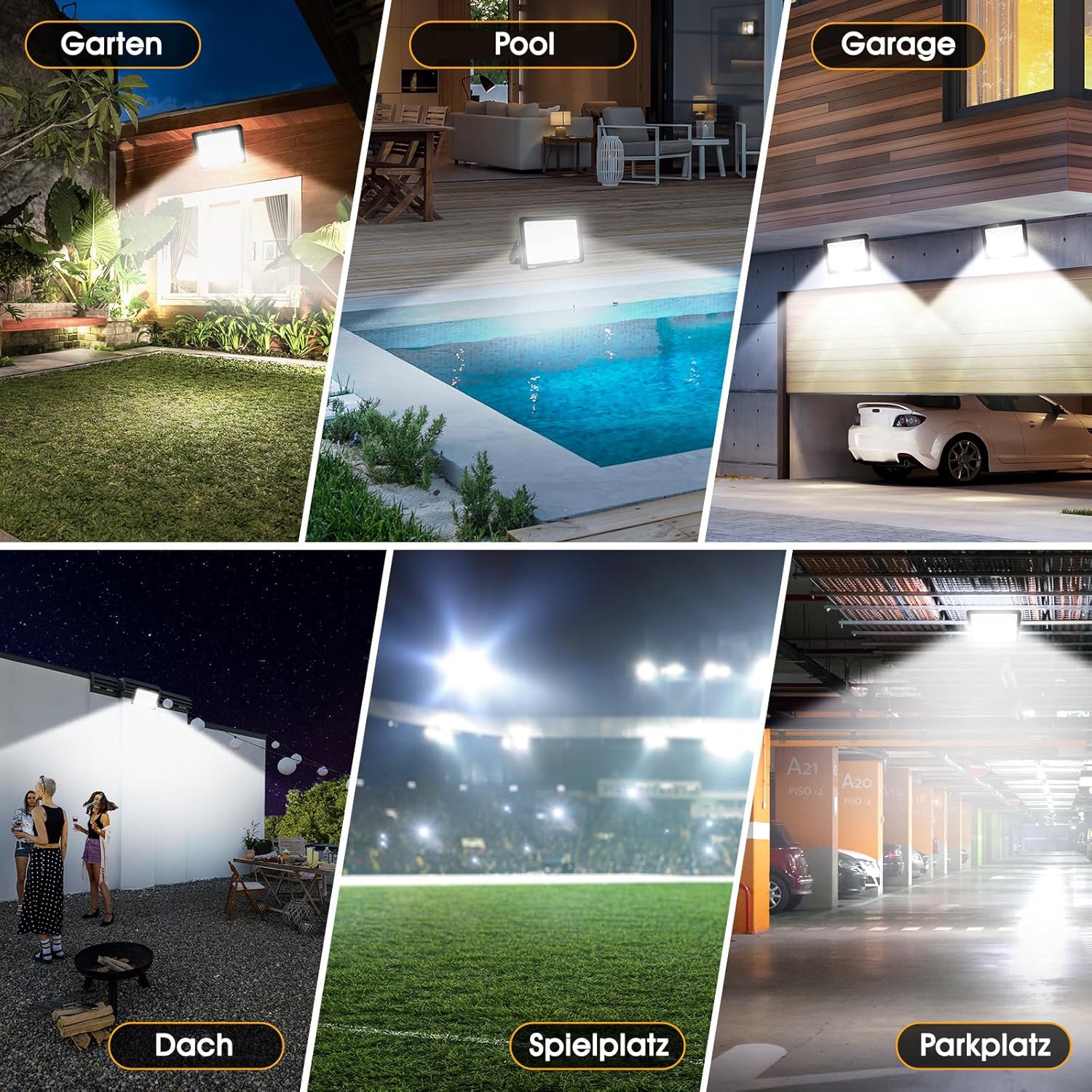 Zelvia 4 Stück 500W LED Strahler Außen 50000LM Superhell LED Strahler 6500K Kaltweiß Scheinwerfer Außen IP65 Wasserfest Fluter Außenstrahler für Sportplatz Garage Garten Hotel
