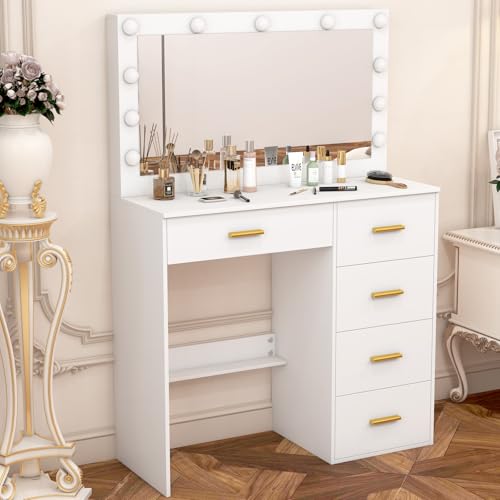 Teousev Toilette Trucco con Specchio, Toeletta Trucco con Luci, Postazione Trucco con 5 Cassetti, Tavolo Trucco per La Camera Da Letto, 80X36X131cm, Bianco, JR27 : Amazon.it: Casa e cucina