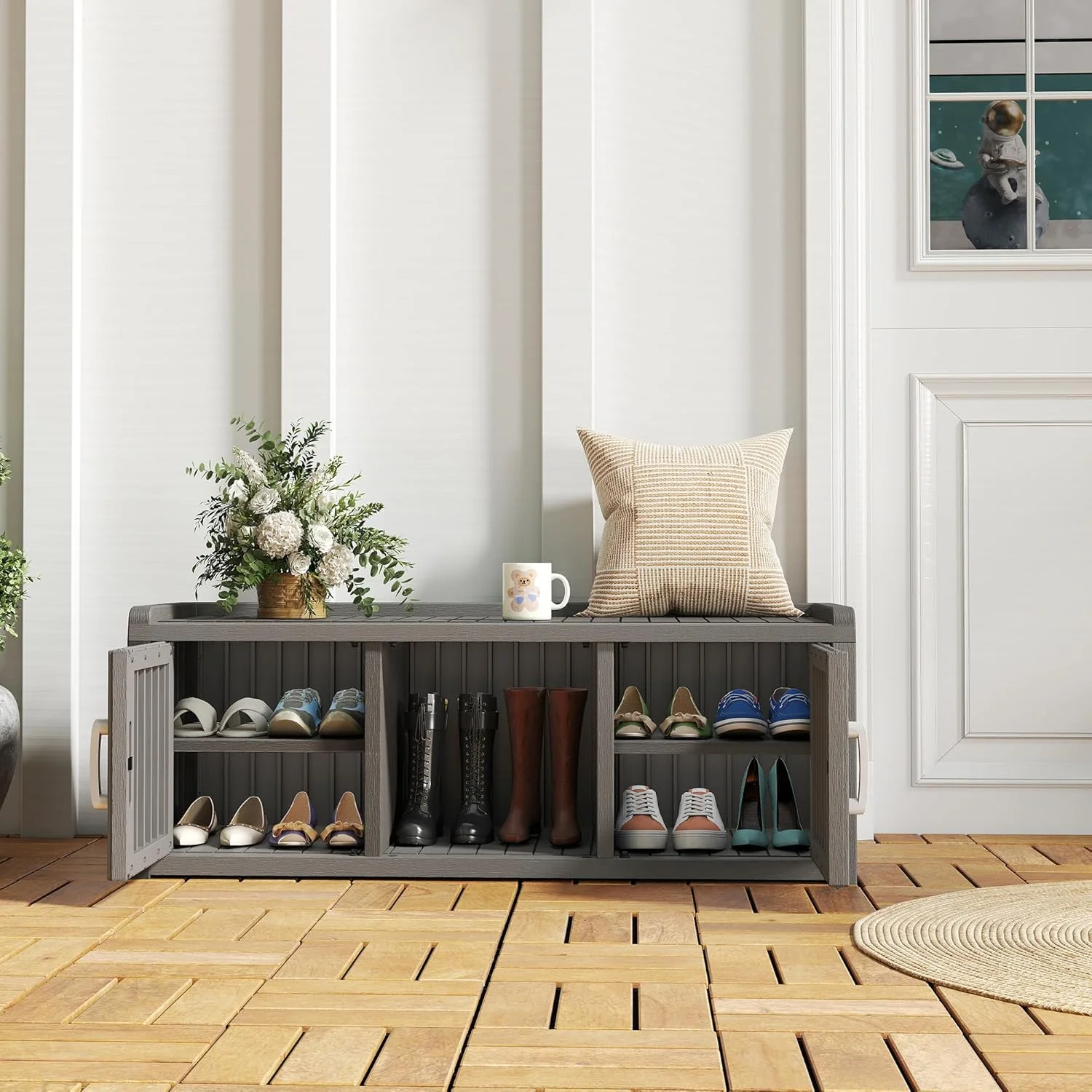 KAMABOKO Outdoor Shoe Storage Cabinet, Waterproof UV-Resistant Entryway Storage Bench Indoor Outdoor with 2 Barn Doors, Adjustable Shelves for Entryway, Bedroom, Hallway,Living Room(Black)