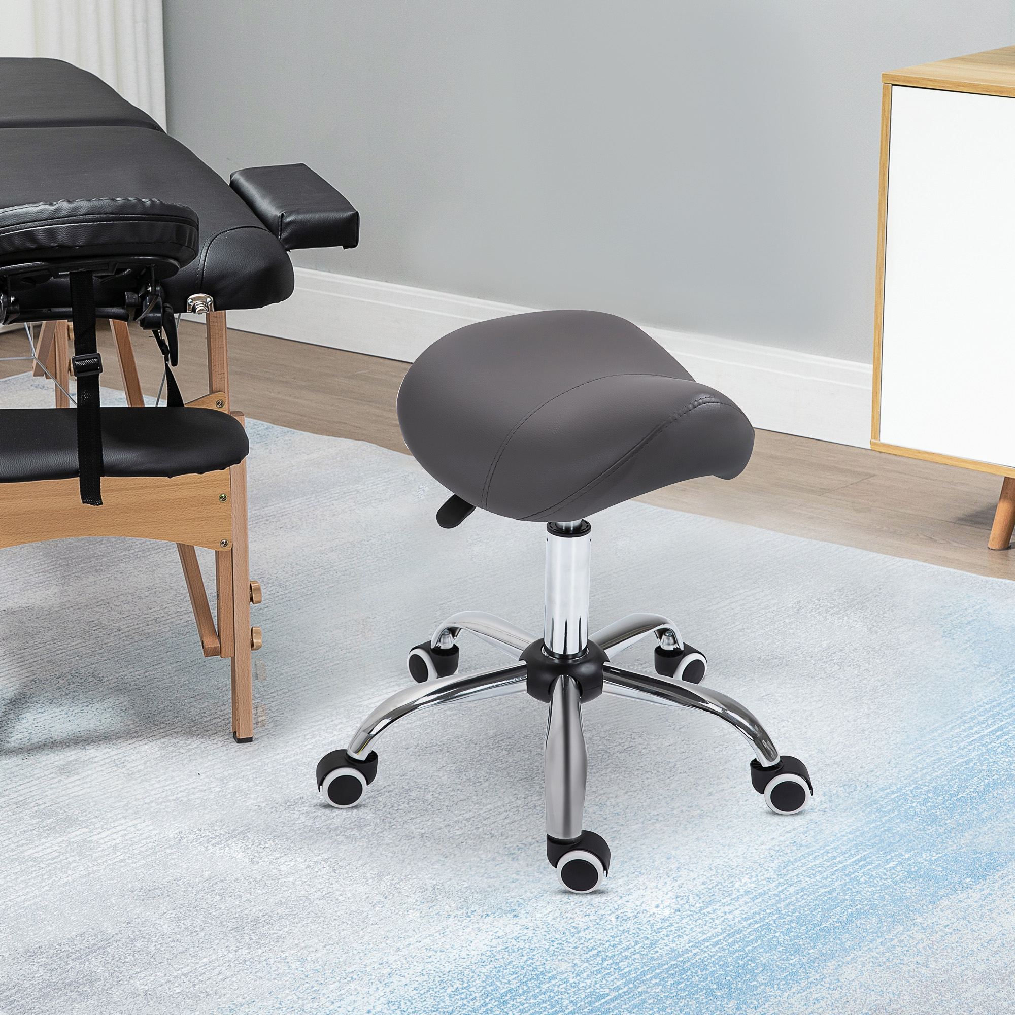 HOMCOM Rollhocker, sattelförmiger Sitz, höhenverstellbar, um 360° drehbar, Kunstleder, dunkelgrau, 53 x 52 x 49-61 cm