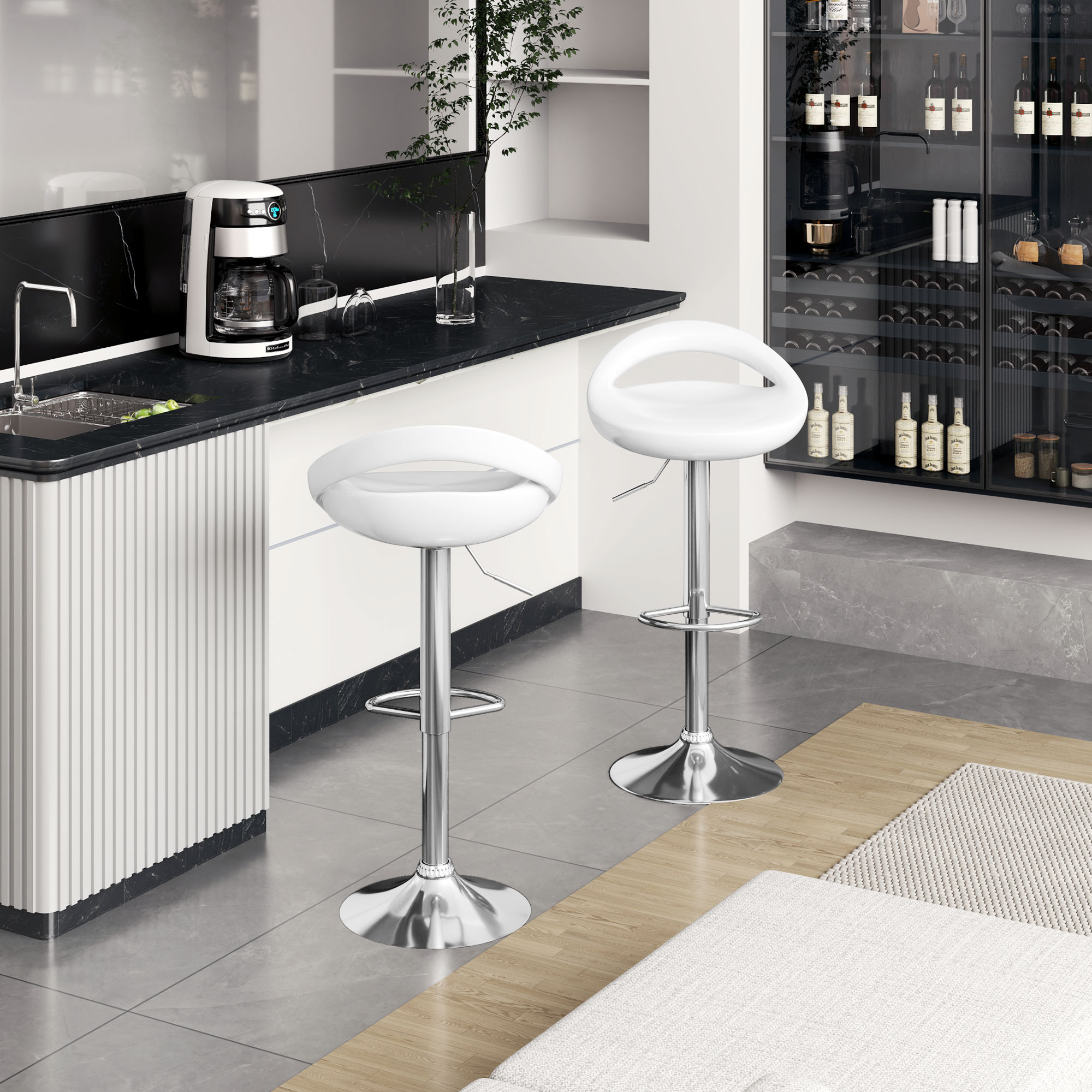 HOMCOM Set 2 Drehbare Barhocker mit Fußstütze, Höhenverstellbar, Stahlbasis Sitz aus ABS, Weiß