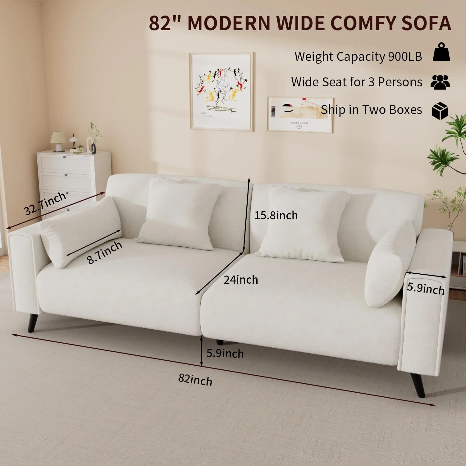 Sofa Couch for Living Room Modern Comfy Sofa with Extra Depth Seat and 2 Throw Pillow