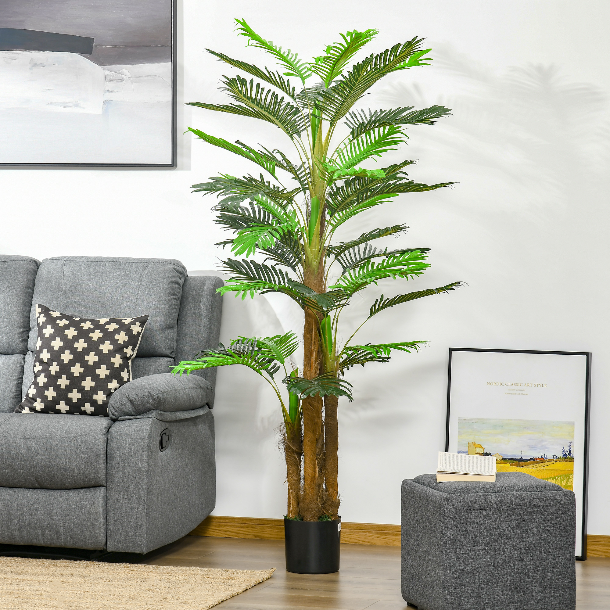 Outsunny Künstlicher Palmenbaum H.1,85 m Künstlicher Baum Stämme Äste Moosblätter Sehr realistisch Topf inklusive