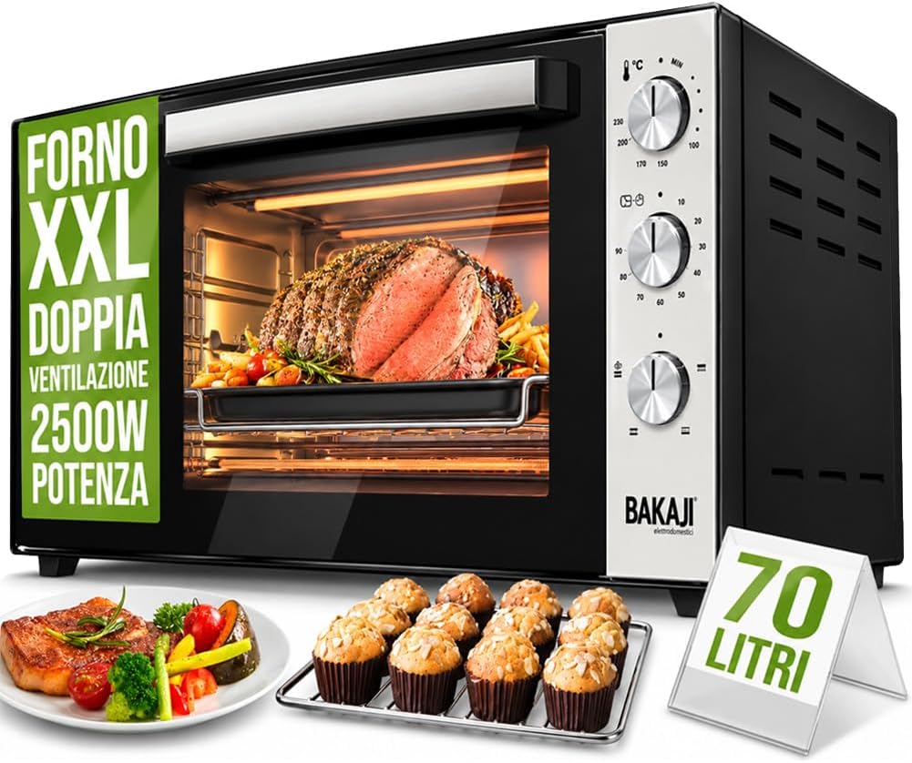 Bakaji Forno Fornetto Elettrico Ventilato Capacità 70 litri Potenza 2500W Temperatura Regolabile fino 250° 2 Ventilazioni Elenti Riscaldanti Acciaio Luce Interna Funzione Timer (70 Litri)