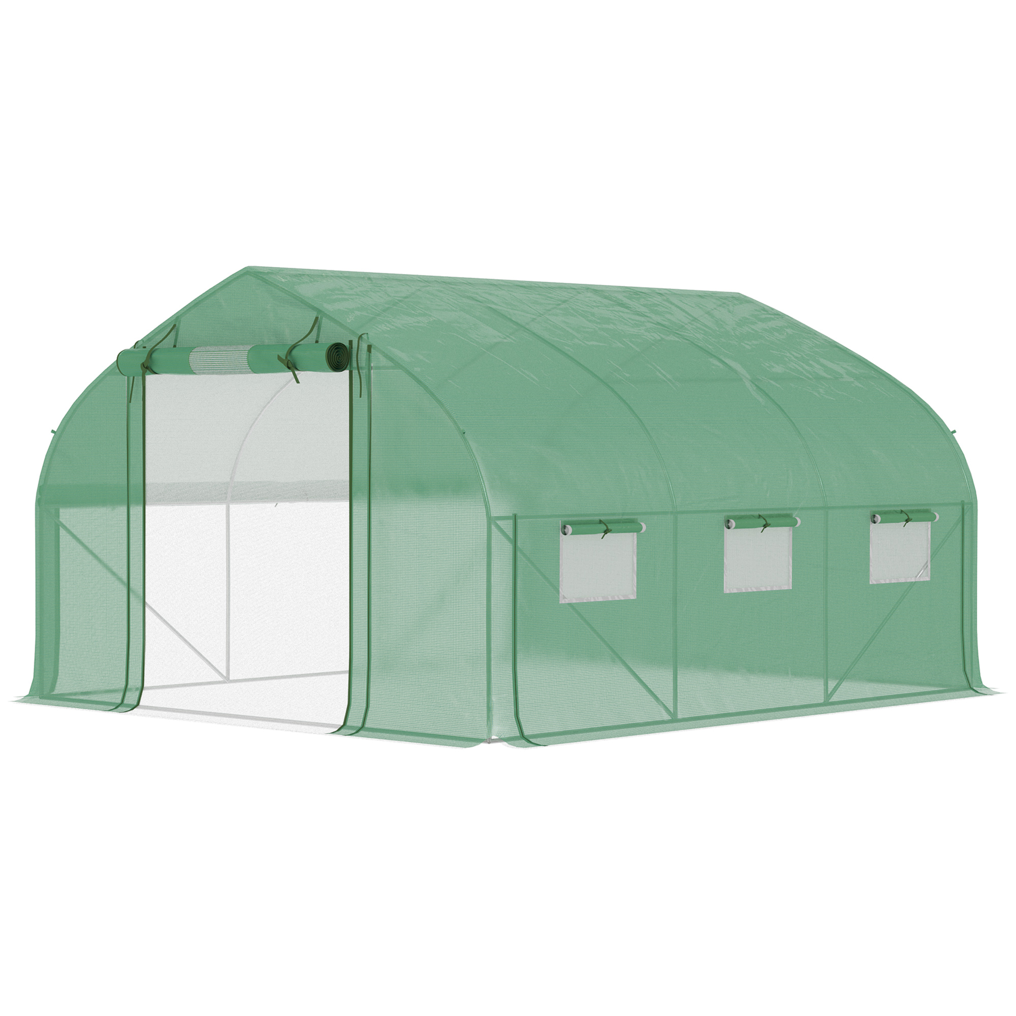 Outsunny Gewächshaus Tunnel 10,4 m² Gewächshaus UV-beständig rollbare Reißverschluss-Tür Mesh-Fenster 350 x 300 x 200 cm Grün