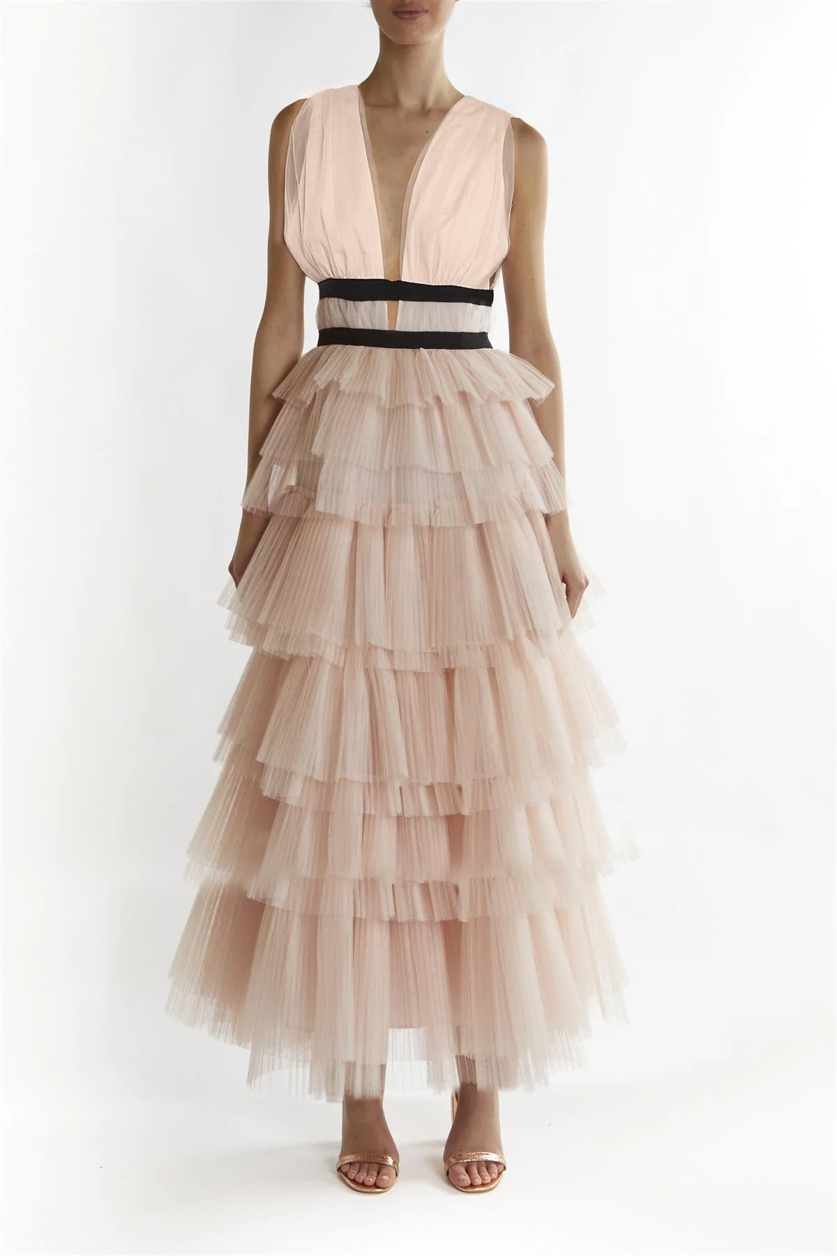 Nude-Peach Eliza Plunging Neck Layered Tulle Skirt Maxi-Dress