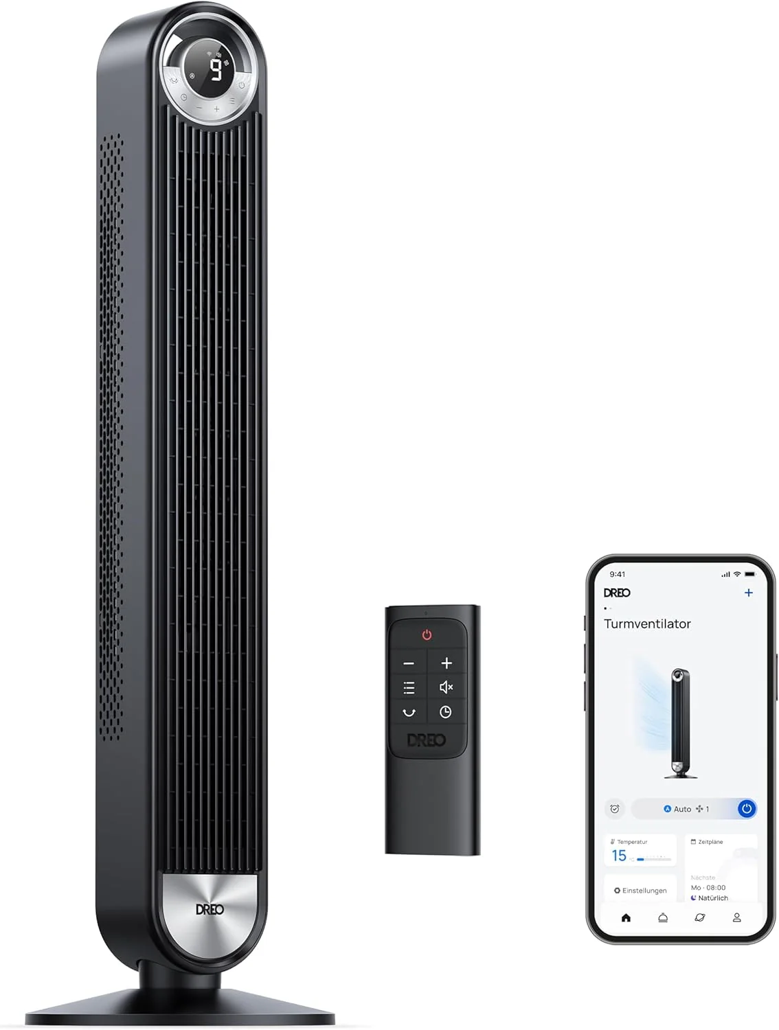 Dreo Smart Leiser Turmventilator mit Kühlung, 106cm WiFi Alexa Tower Fan, 90° oszillierender Ventilator, Fernbedienung 9-Geschwindigkeit 4 Modi 12 Std Timer Sprachsteuerung, Cruiser Pro T2S, Schwarz