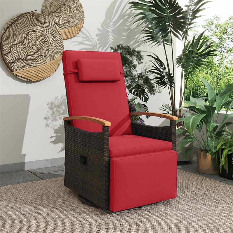 Outdoor Rattan 360° Swivel Recliner Chair, Patio Wicker Chaise Lounge Chair with Adjustable Backrest & Footrest, Flip Side Table & Cushions