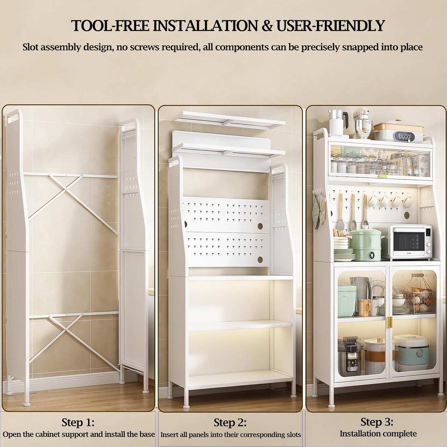 Credenza Cucina Alta con Ruote,Installazione senza viti,Mobile Microonde,Mobile Buffet con Ripiani Regolabili e Ante,Credenza Alta per Cucina,Soggiorno, Studio 160x66x36cm Bianco