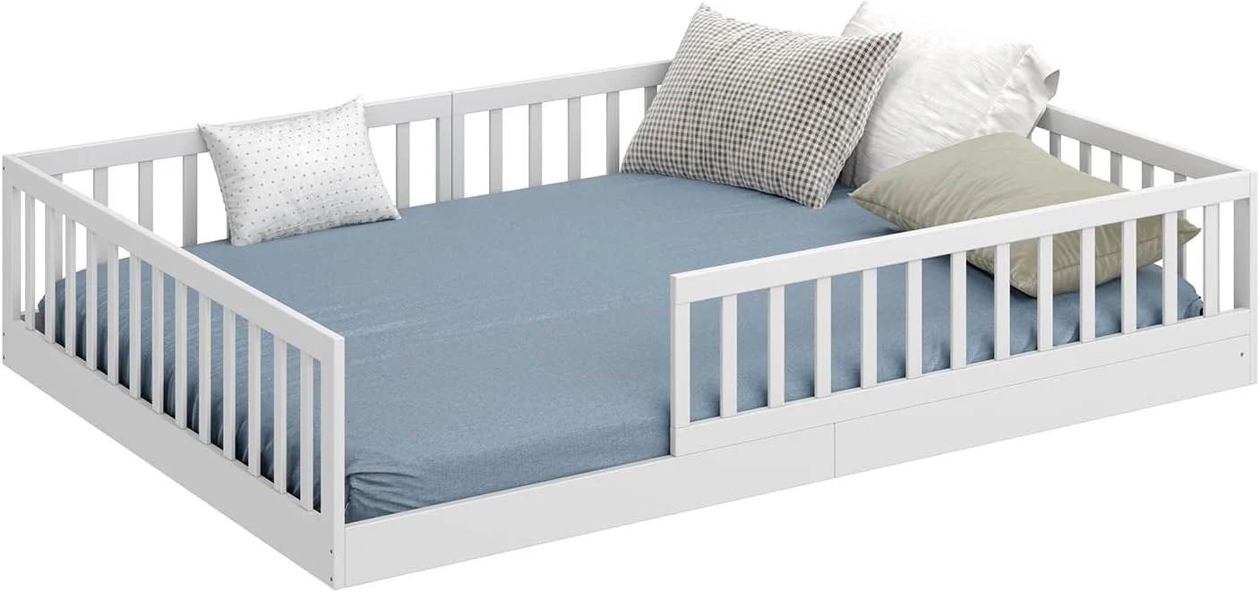 CADANI Timi 2-in-1 Vloerbed 140x200 cm Montessori Kinderbed met uitneembare valbeveiliging incl. lattenbodem, massief grenenhout, wit - 3 opbouwmogelijkheden, belastbaar tot 200 kg, ombouwbaar