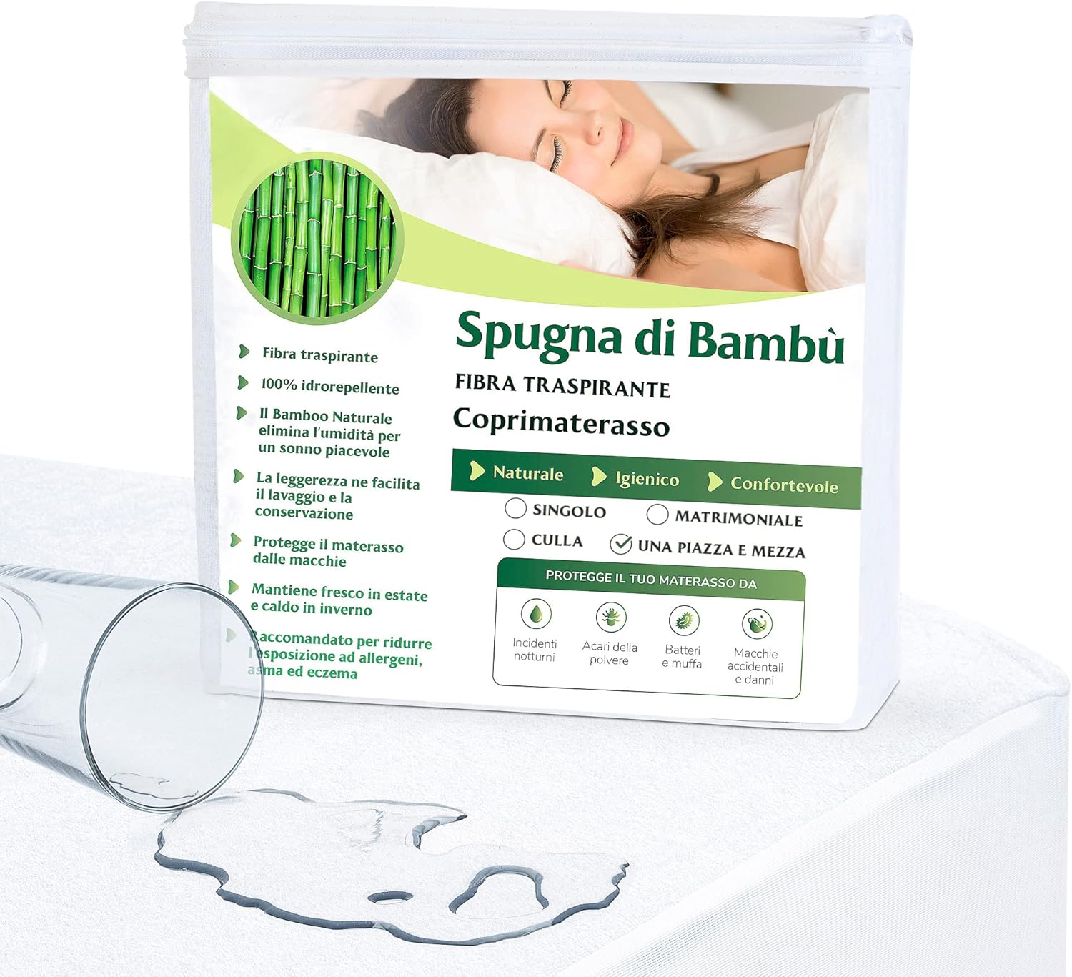 Waterproof Double Mattress Protector 160 x 190 cm – Super Soft Natural Bamboo Terry Fabric – Super Elastic Corners Up to 30 cm – Refreshing, Breathable, Silent, Anti-Dust Mite, Hypoallergenic