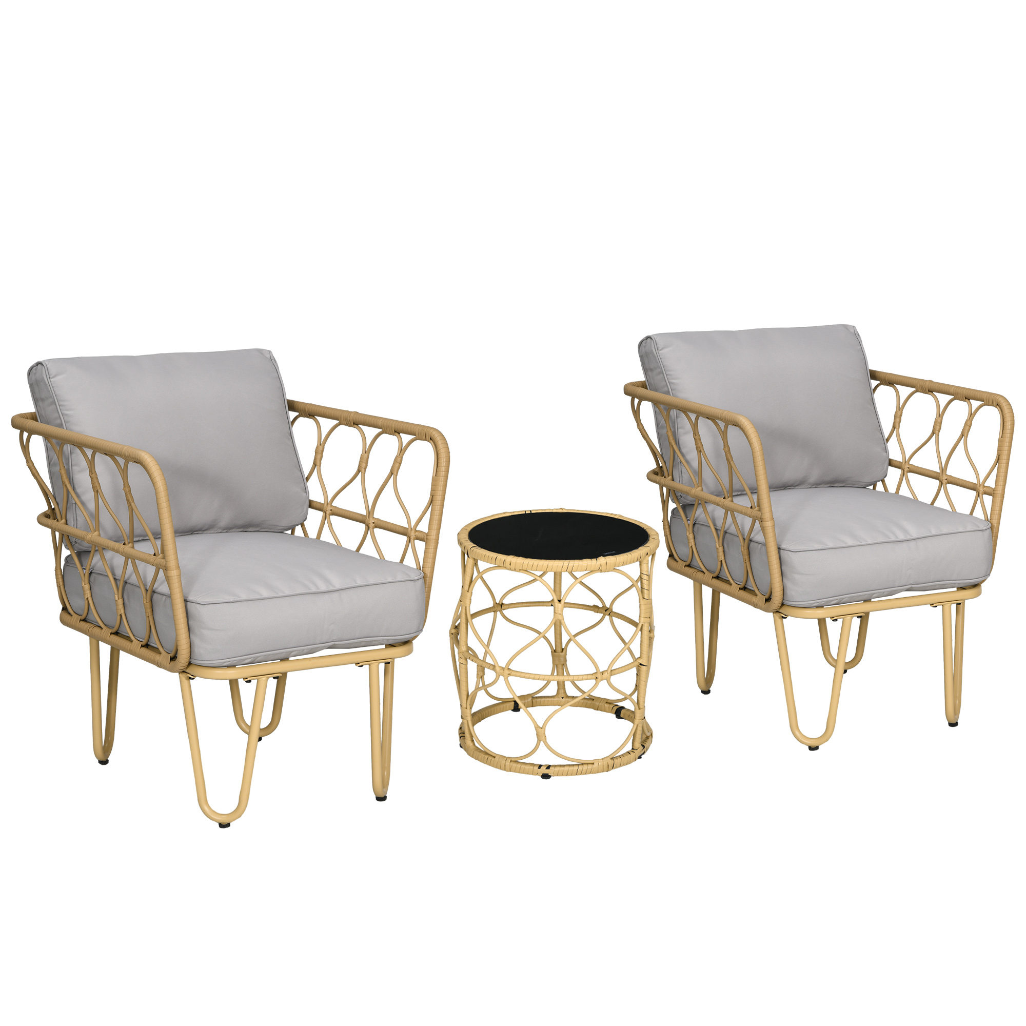 Outsunny Gartenmöbel-Set aus geflochtener Resin 3 Stück 2 Sessel + 1 runder Couchtisch inkl. Kissen