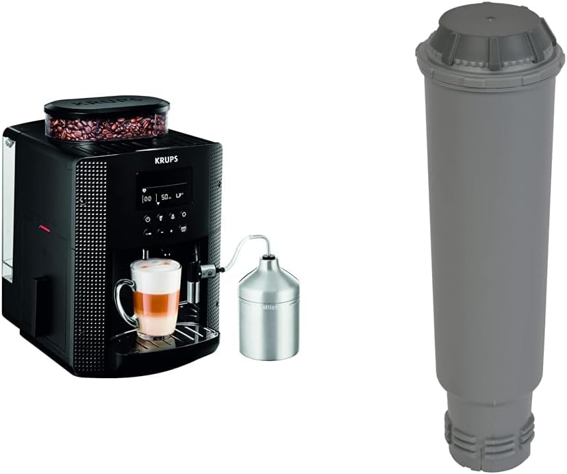 Krups Essential Kaffeevollautomat mit Milchschlauch, 2-Tassen-Funktion, LCD-Display, Einfache Reinigung, Kaffeemaschine, TÜV-Siegel, Schwarz, EA816031