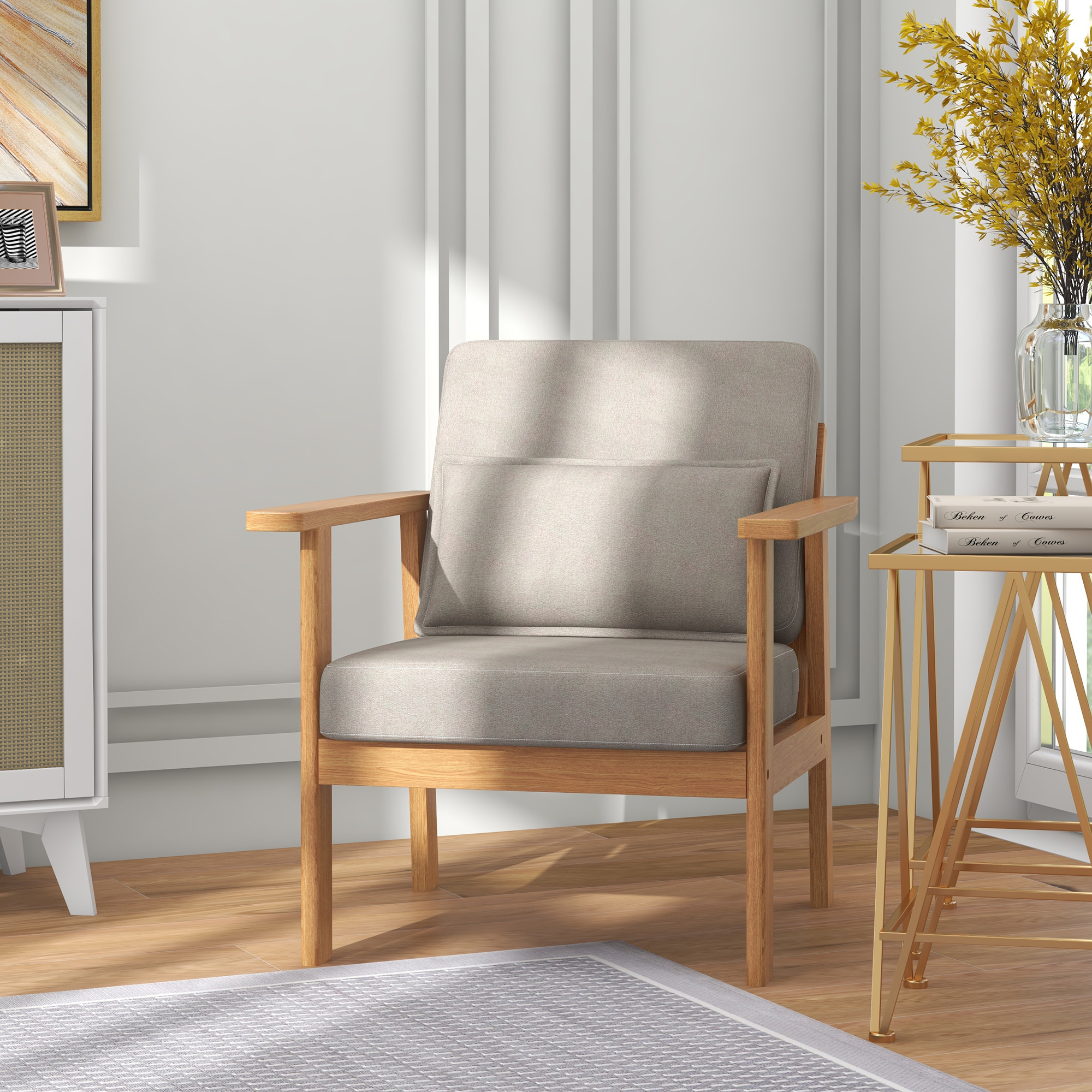 HOMCOM Sessel Akzentsessel Polstersessel, inkl.1 Kissen, 70 cm x 72 cm x 76 cm, Beige + Natur
