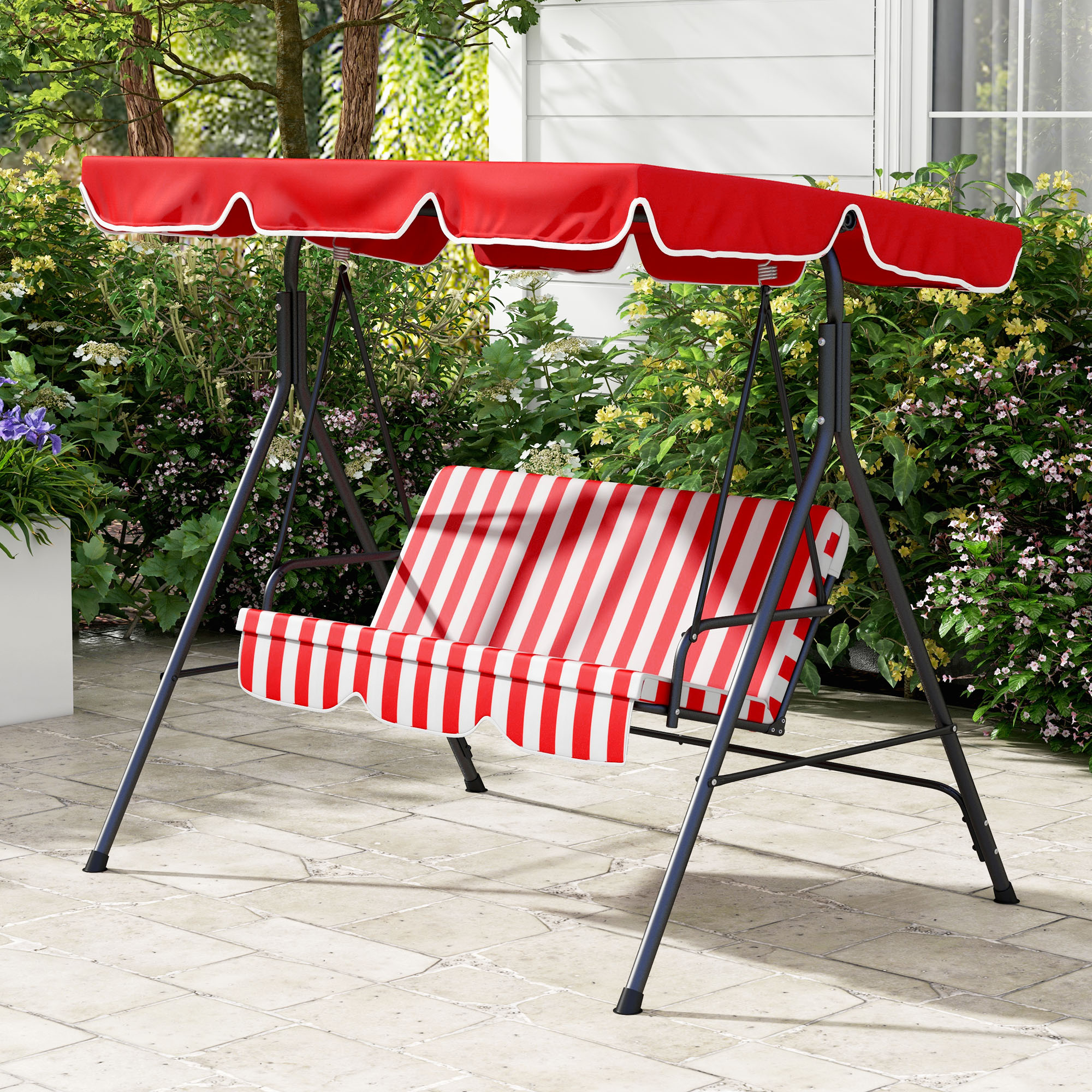 Outsunny Gartenschaukel 3-Sitzer mit verstellbarem Dach, Sitz- und Rückenkissen Schwarz Rot Polyester Stahl