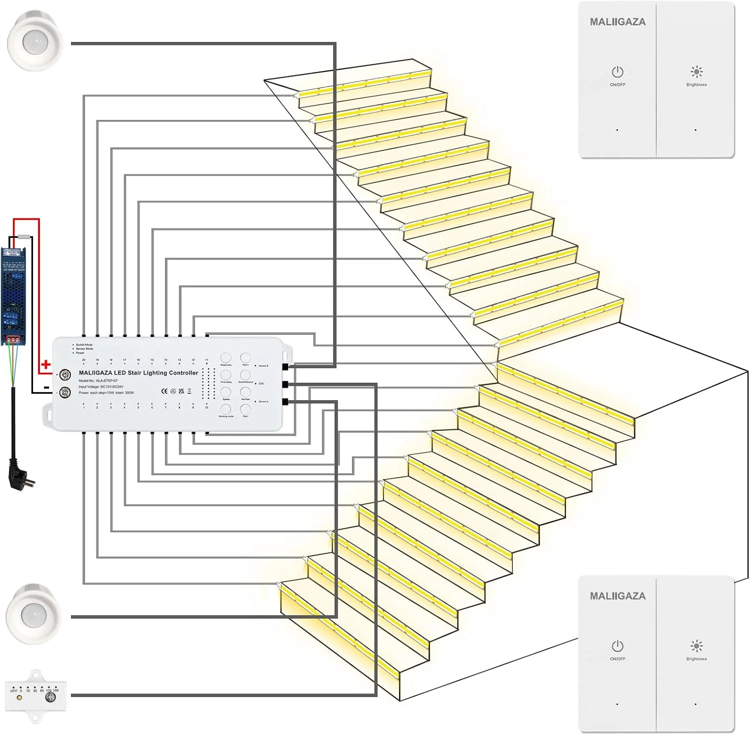 MALIIGAZA Stufenlichter, Weiß, Smart LED Treppenbeleuchtung 20 Stufen Warm 3000K, Innenlicht Set