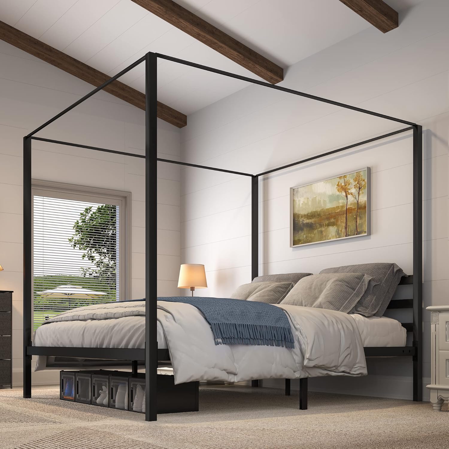 YITAHOME Metal Four Poster Canopy Bed Frame King Size, 14 Inch Platform with Built-in Headboard Strong Metal Slat Mattress Support, No Box Spring Needed, Black
