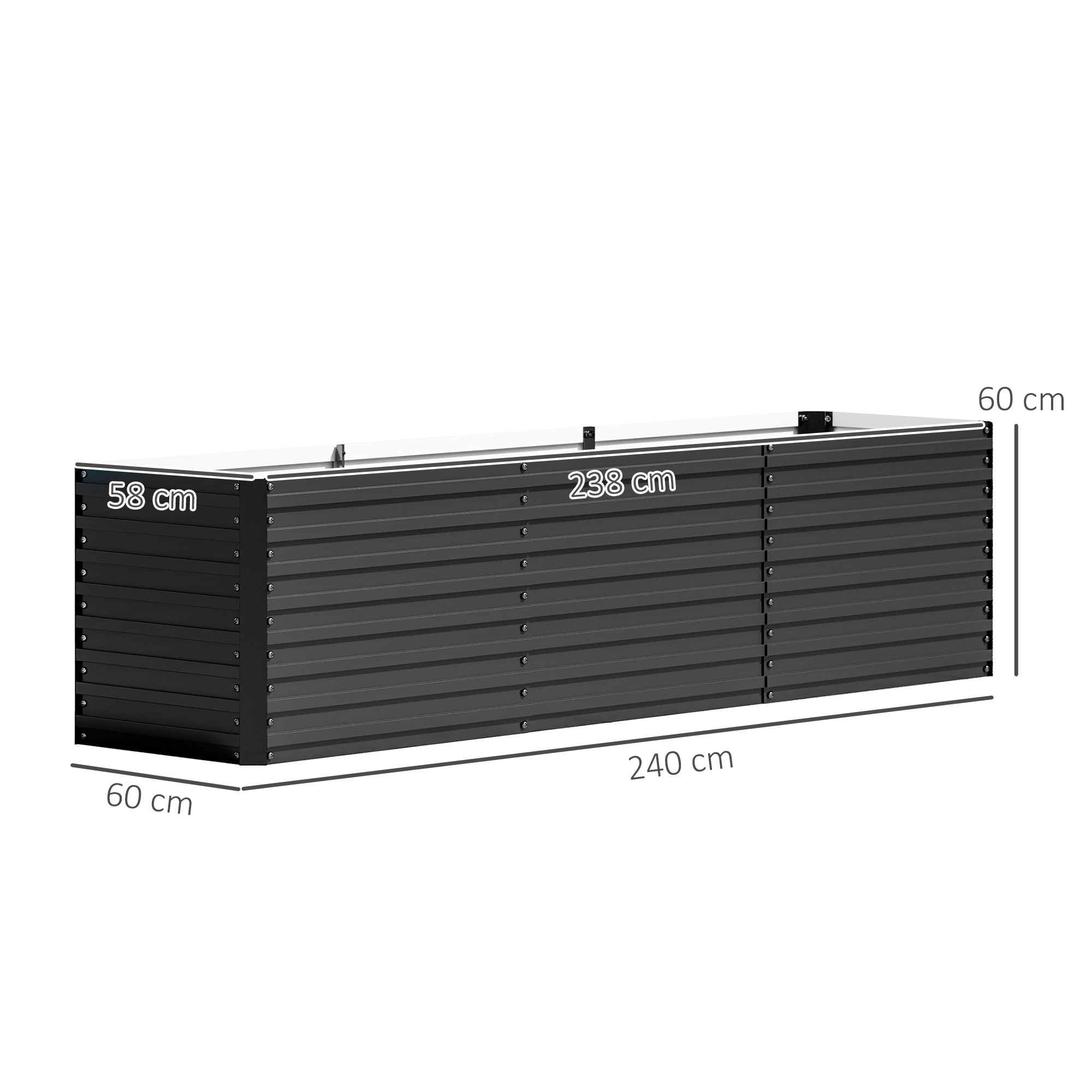 Verhoogde Tuinbed, Open Bodem, Gepoedercoat Staal, 240 x 60 x 60 cm, Donkergrijs