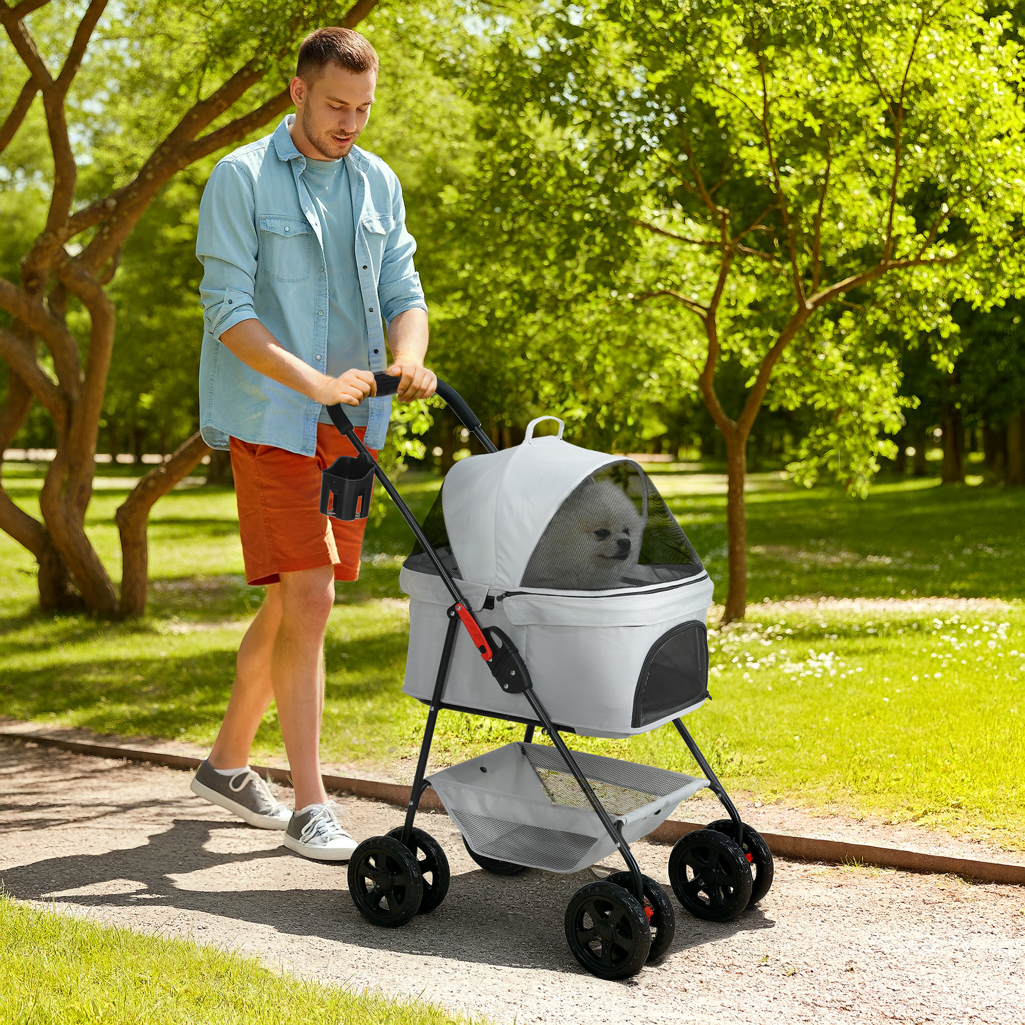 PawHut 3-in-1-Haustierkinderwagen, zusammenklappbarer Hundewagen mit 4 Rädern und abnehmbarer Trage für Hunde und Katzen, Grau