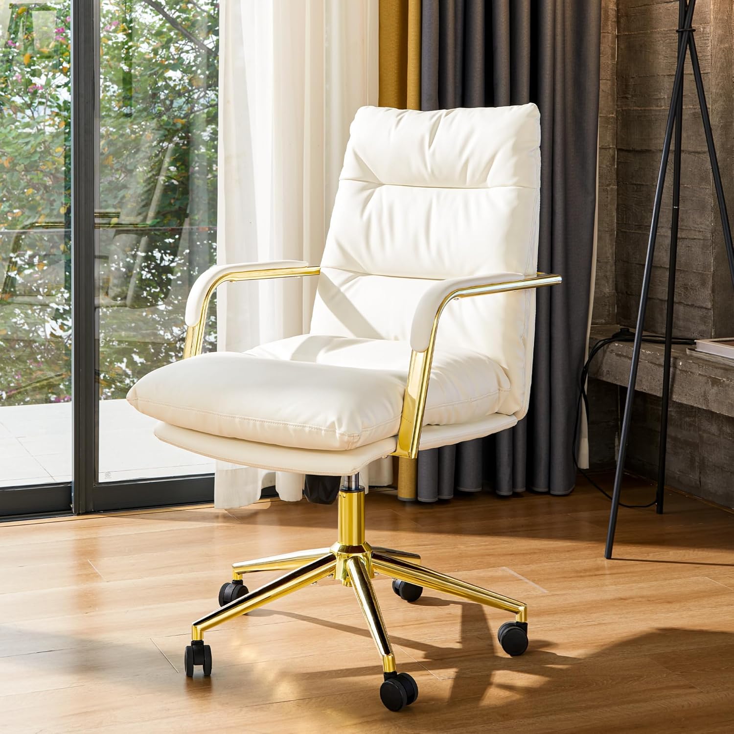 Leather Home Office Desk Chair, Executive Comfy Desk Chair with Support Armrests, Swivel Wheels, Height Adjustable, Mid Back, 360 Swivel, Computer Chair for Office Room, White