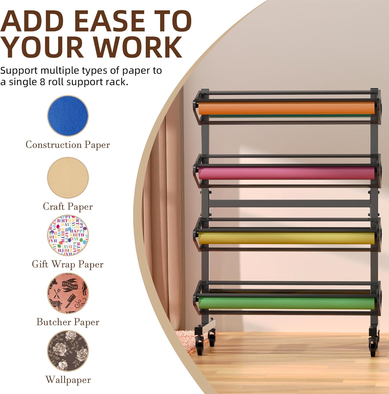 Large Paper Roll Dispenser & Cutter, Holds 8 Rolls, 36