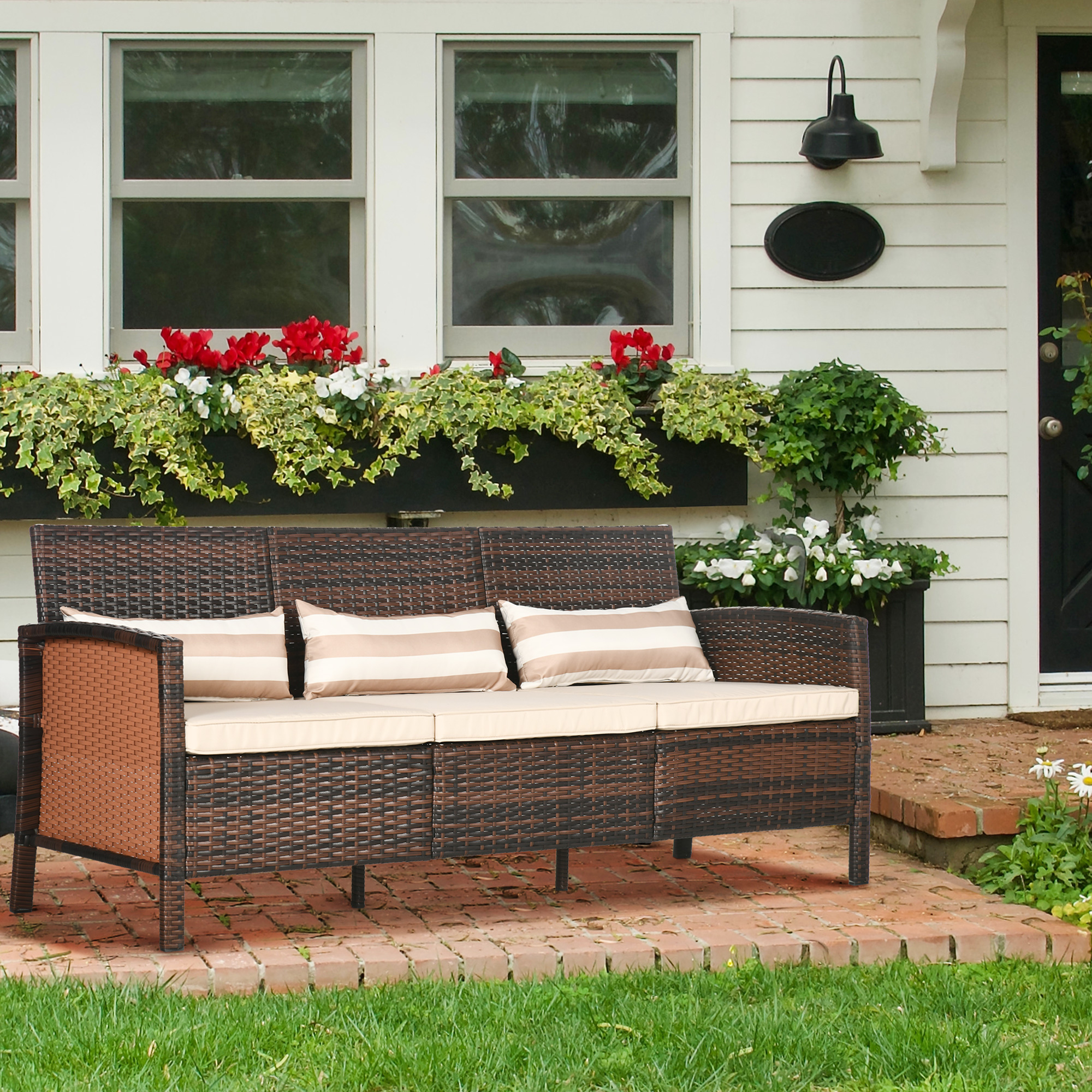 Outsunny Rattan Sofa mit Kissen, Dreisitzer, Garten Loungesofa, Stahl, Braun, 173 x 68 x 78 cm