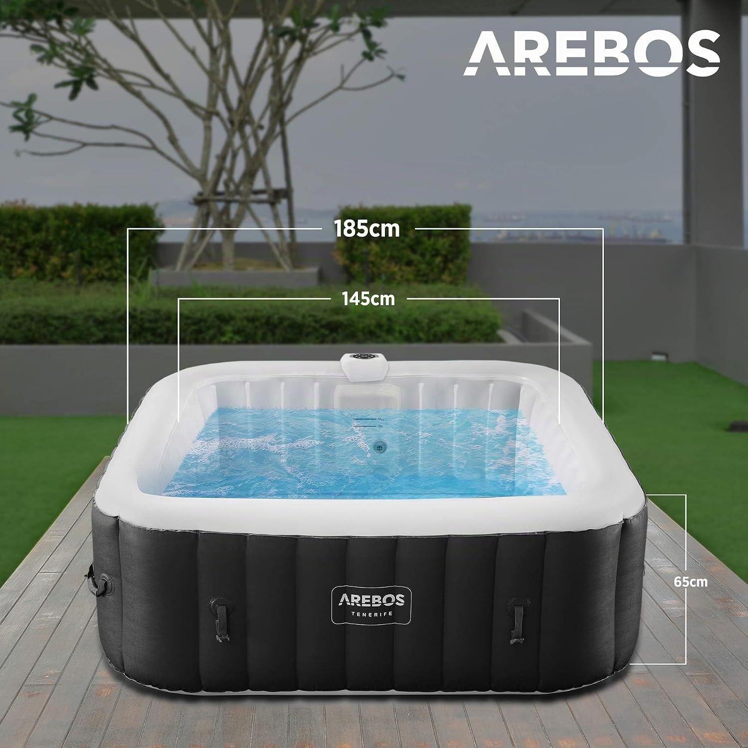 Arebos Vasca idromassaggio gonfiabile | 185x185cm | Gonfiabile automatico | 6 persone | striscia luminosa LED | 130 getti massaggianti | 910 litri | incl. copertura | Bubble Spa & Wellness Massaggio