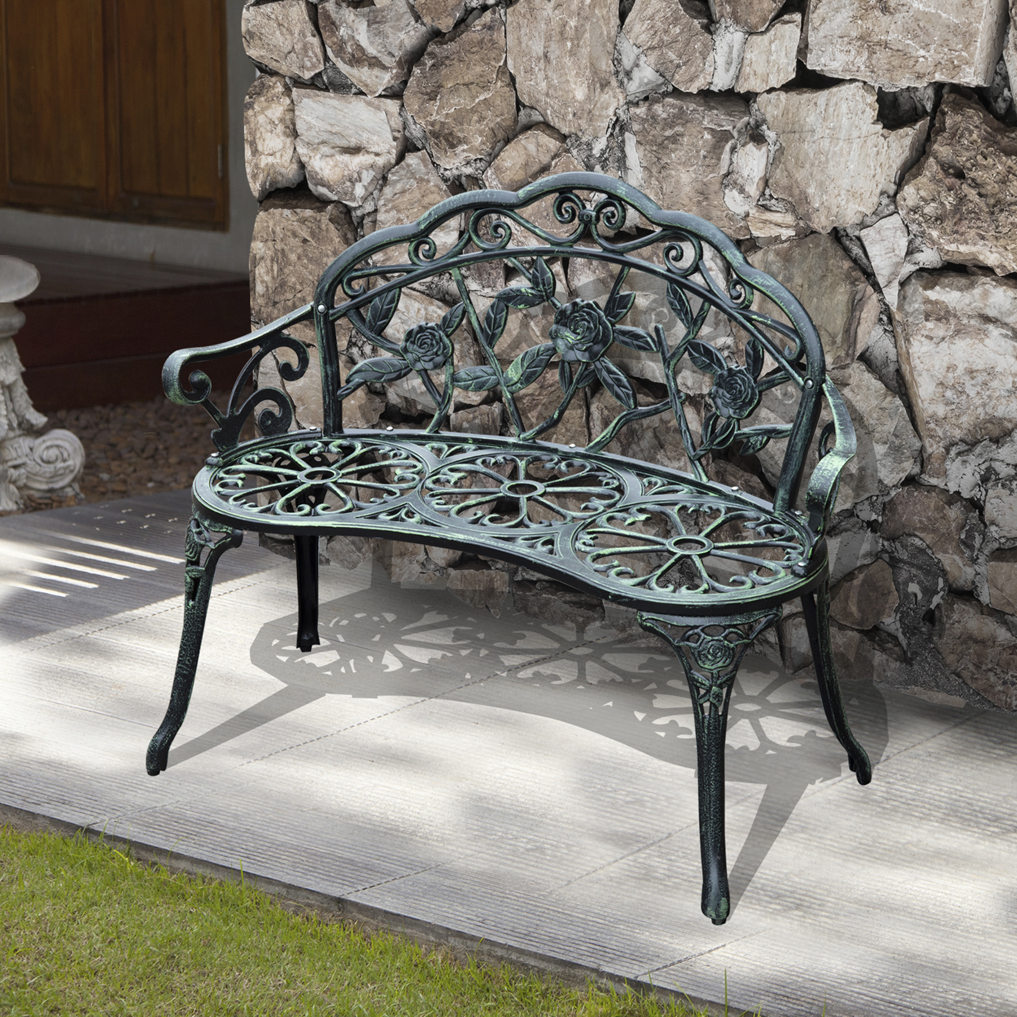 Outsunny 2-Sitzer Gartenbank robust Parkbank Sitzbank mit Rückenlehne Bank 240kg belastbar Gartenmöbel 100 x 54 x 78 cm Antik Grün