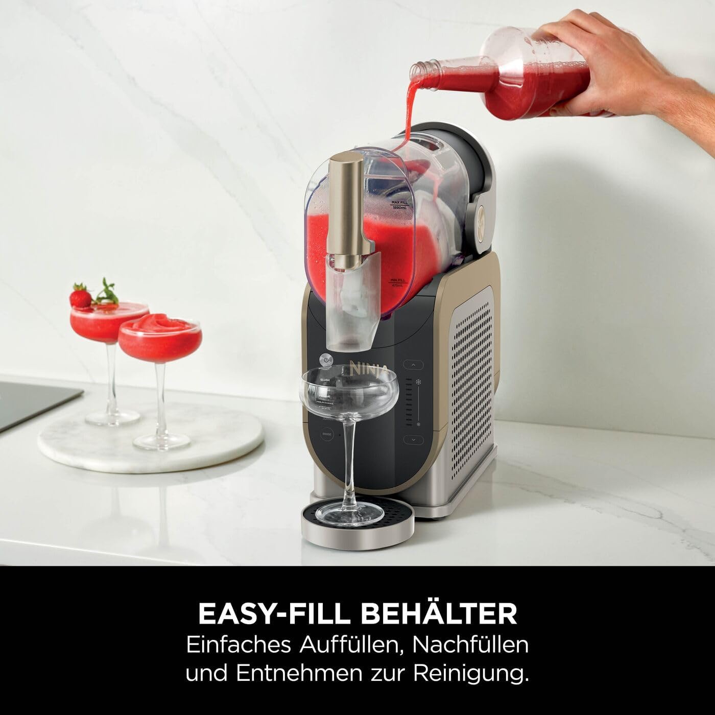 Ninja SLUSHi Maschine für Slush, Eis-Cocktails, Frappé, Milchshakes & gefrorenen Saft, ohne Eis oder Vorbereitungsaufwand, WhisperChill-Technology, fasst 1,9 L, Stone Gold, FS301EUSTGD