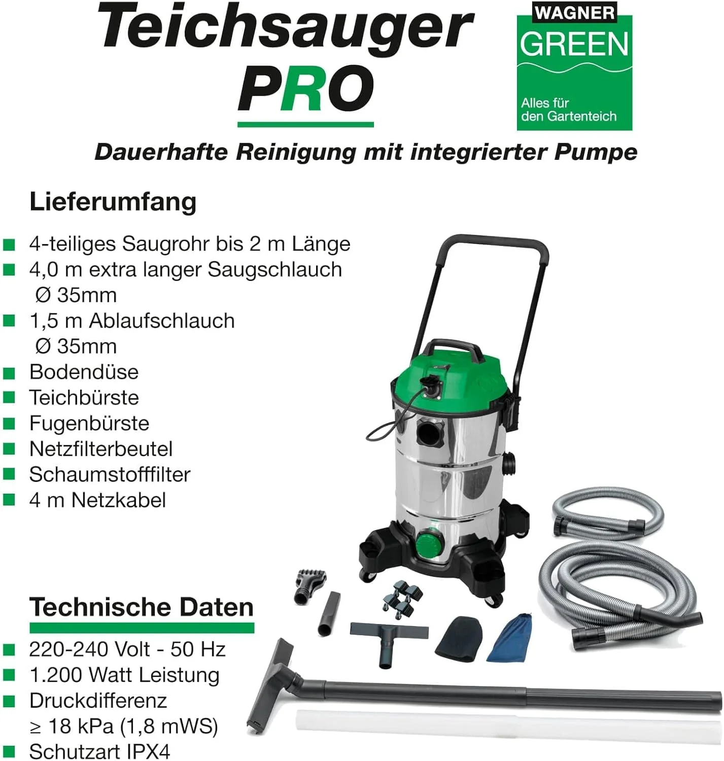 Wagner Green Vijverstofzuiger PRO VA | Non-stop zuigen | complete vijverslibzuiger voor het reinigen van tuinvijvers, zwemvijvers, visvijvers, zwembaden en huizen