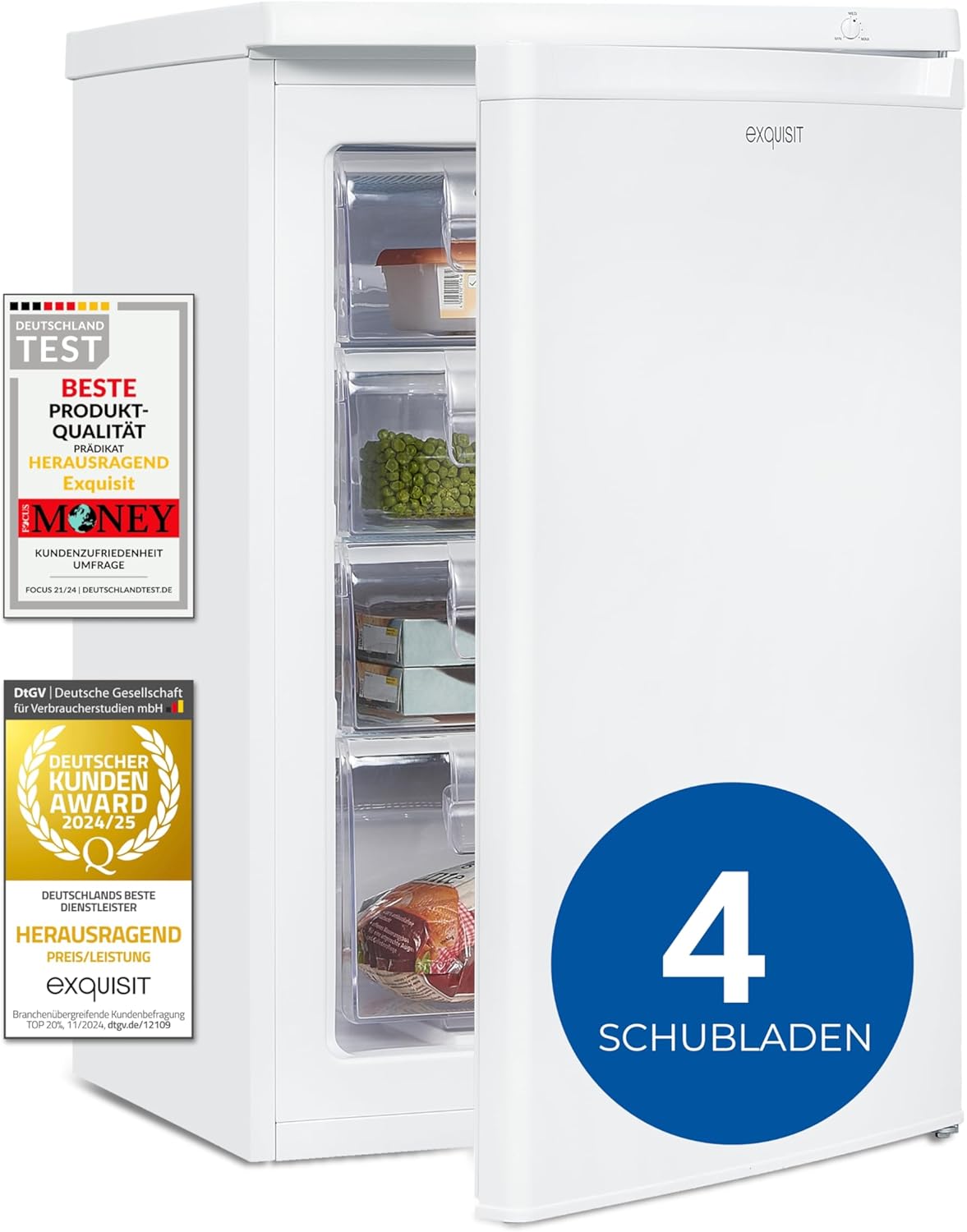 Exquisit Gefrierschrank, Tiefkühlschrank mit 4 Schubladen, 4-Sterne-Gefrieren, 91 Liter, Gefrierschrank klein, GS512-040E weiss