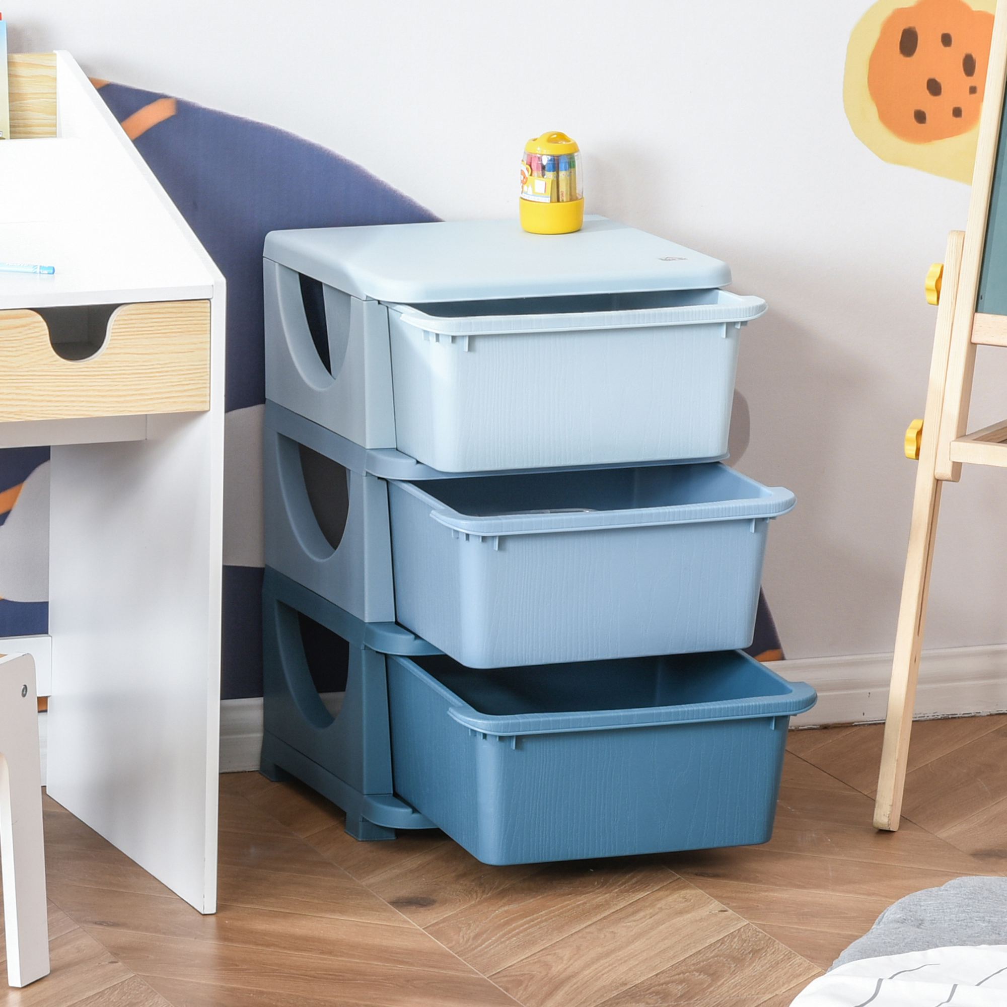 HOMCOM Aufbewahrungsboxen für Kinder, 3 Schubladen, abgerundete Kanten, erhöhtes Design, 37x37x56,5 cm, Blau