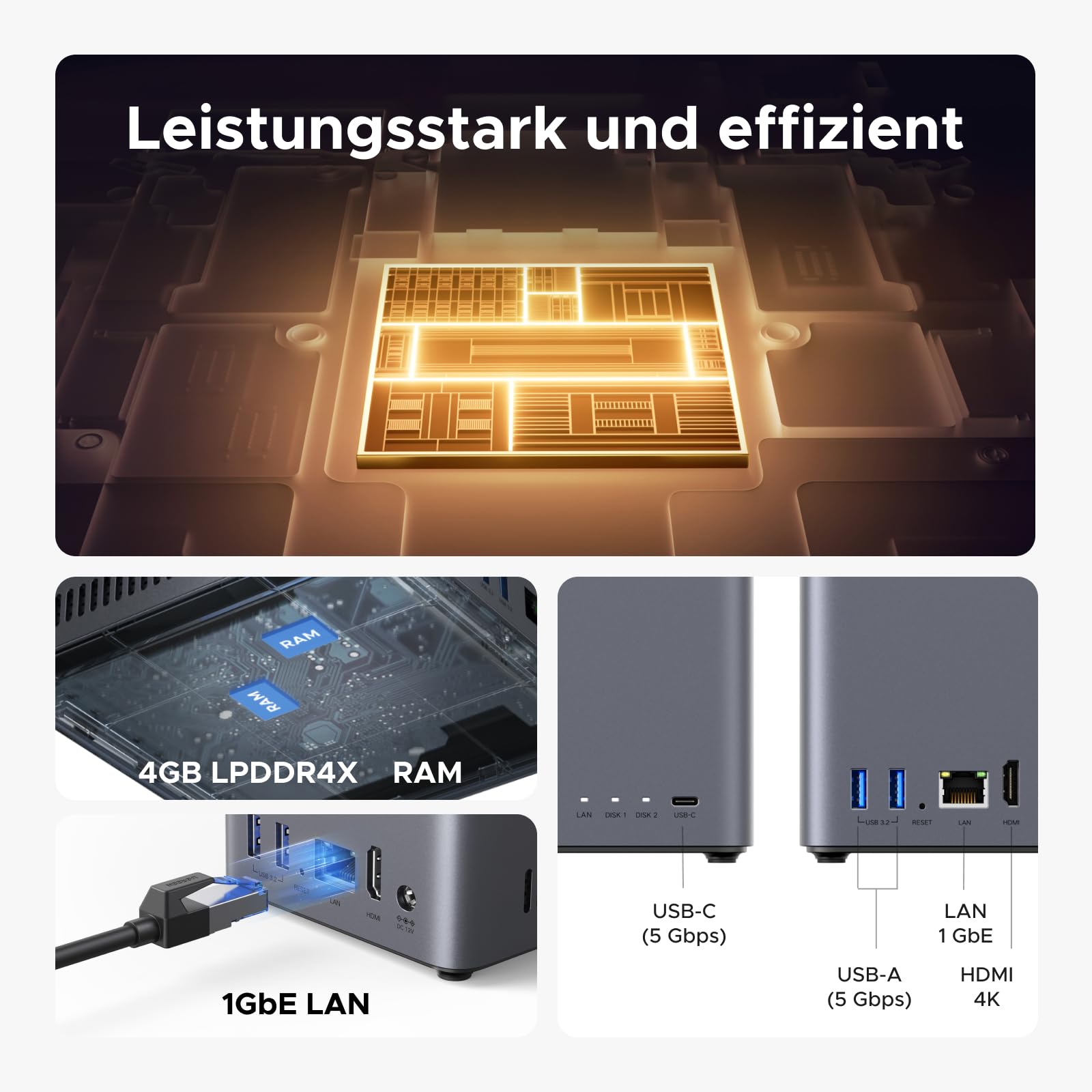 2-Bay NAS DH2300 4K Ultra HD HDMI DLNA NFC Dateifreigabe KI-Fotoverwaltung Windows macOS Android iOS Smart TV ohne HDD