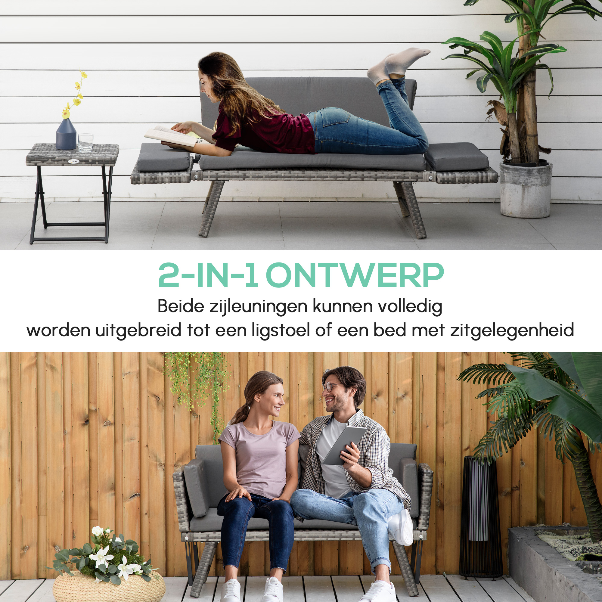 2-zits tuinbank met opklapbare armleuningen, grijs 129 x 66 x 67 cm
