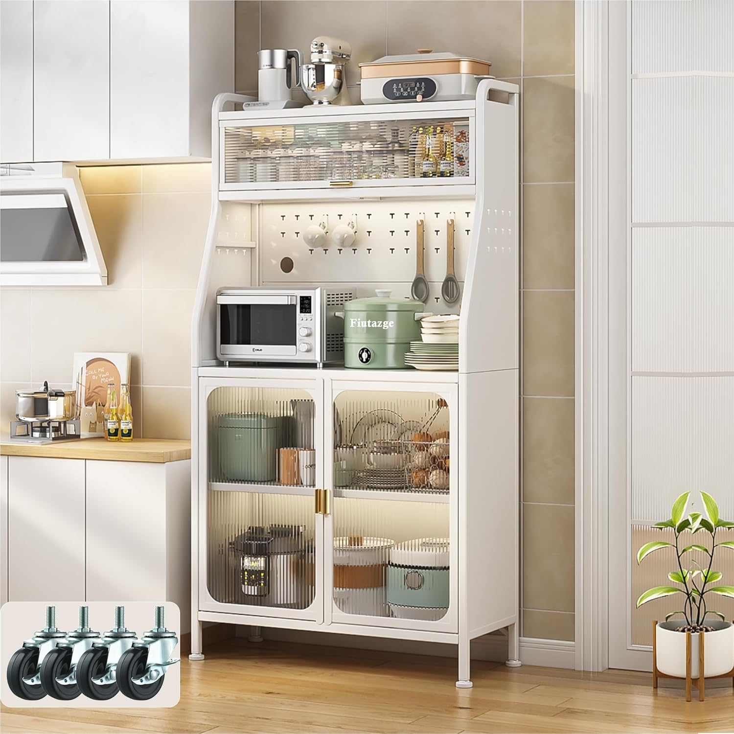 Credenza Cucina Alta con Ruote,Installazione senza viti,Mobile Microonde,Mobile Buffet con Ripiani Regolabili e Ante,Credenza Alta per Cucina,Soggiorno, Studio 160x66x36cm Bianco