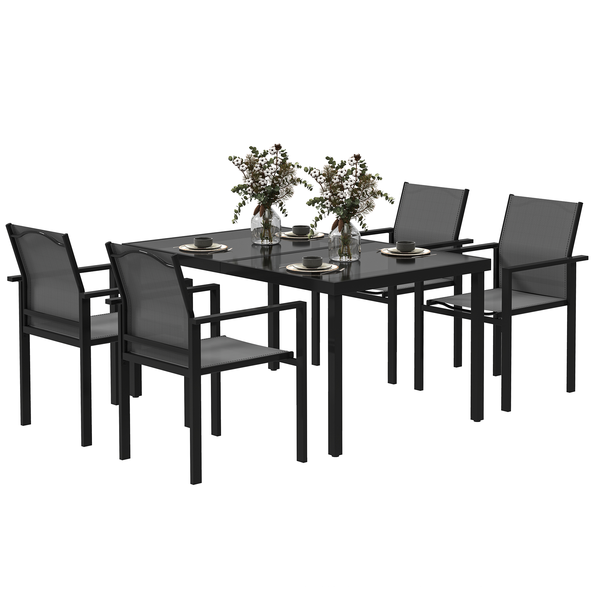 Outsunny Gartentisch im Freien mit 4 stapelbaren Stühlen, 140 cm gehärtetes Glasplatte, 54 mm Sonnenschirmloch, Schwarz