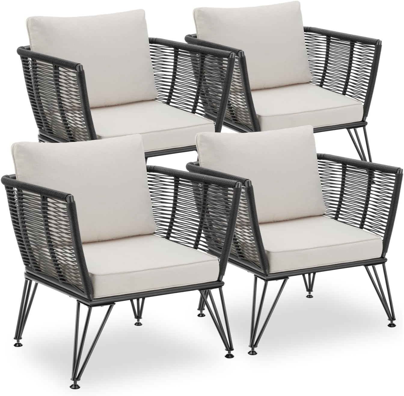 TecTake Set of 4 Garden Armchairs, Durable Polyrattan, 4 Elegant Design Armchairs, Extra Thick Cushions, Ideal for Living Room Outdoor Chairs, Modern Garden Furniture – Anthracite