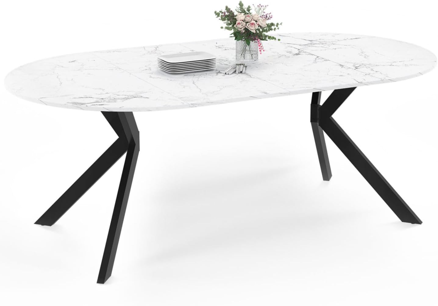 IDMarket - ALIX tavolo da pranzo rotondo allungabile 4-10 persone gamba a ragno nera piano effetto marmo bianco ALASKA 110-200 cm