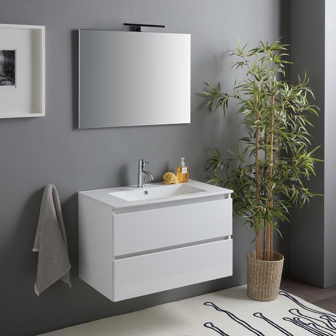 Kiamami Valentina - Mobile bagno sospeso bianco lucido 80 cm 2 cassetti, specchio con lampada | Benaco