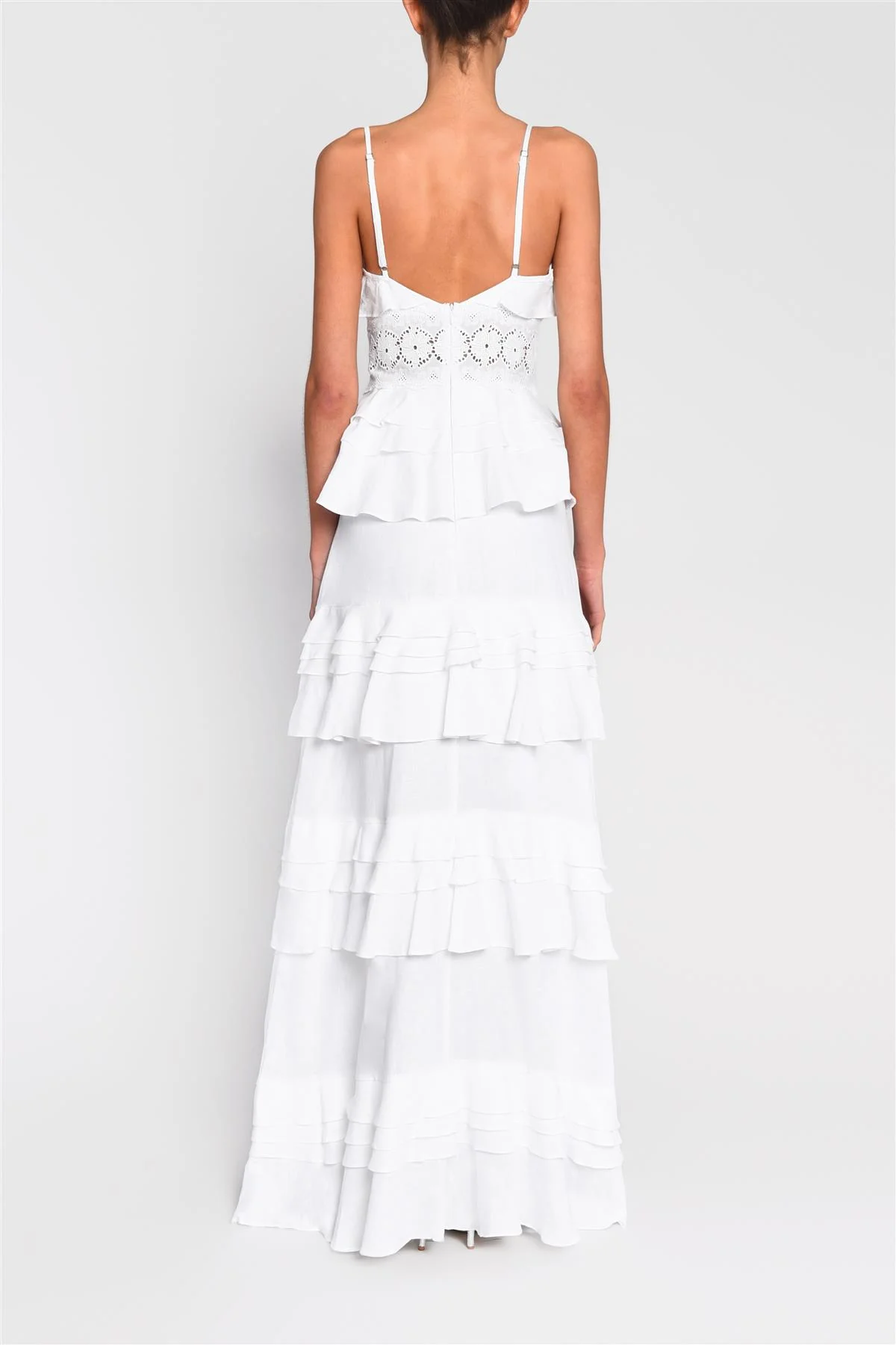 Sophia White Plunge Front Tiered Ruffle Maxi-Dress