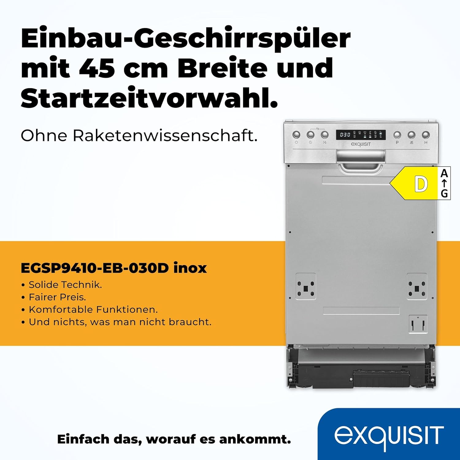 Exquisit Geschirrspüler, Spülmaschine, 45 cm Breite, Teilintegriert, 9 Maßgedecke, 9 Liter, Startzeitvorwahl, ECO-Modus, Geschirrspüler 45 cm, EGSP51009-EB-030E inox