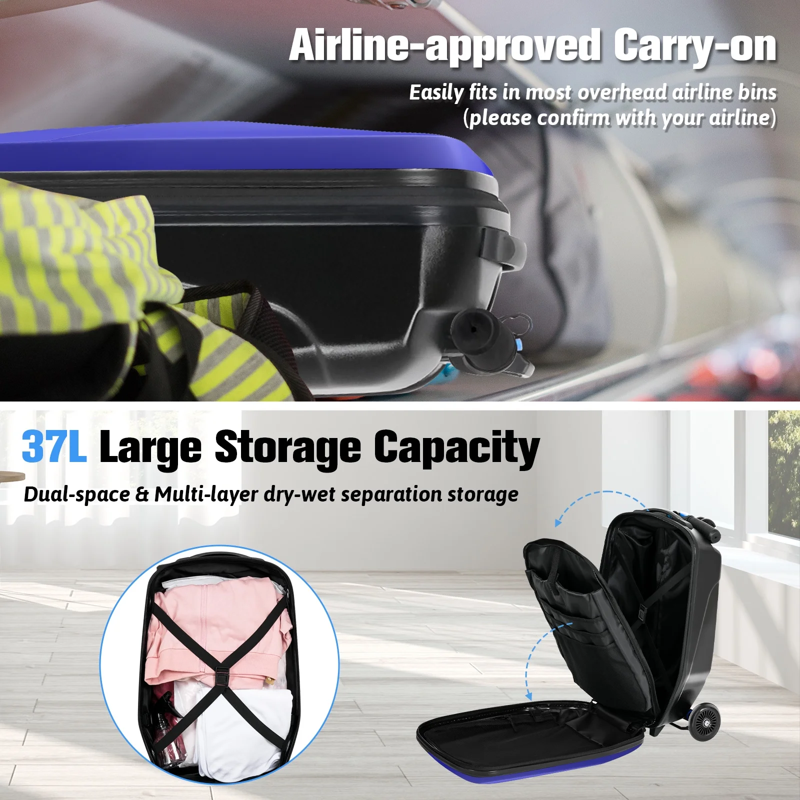 Advwin Scooter Luggage for Kids & Adults, Hardside Ride on Suitcase for Kids Ages 4-15 Multifunctional Lightweight Foldable Carry on Luggage with Wheels Ride on for Children Teenagers, Pink